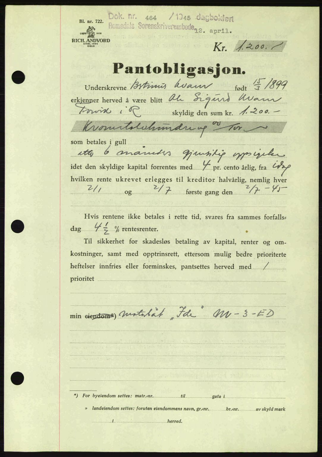 Romsdal sorenskriveri, AV/SAT-A-4149/1/2/2C: Mortgage book no. B2, 1939-1945, Diary no: : 464/1945