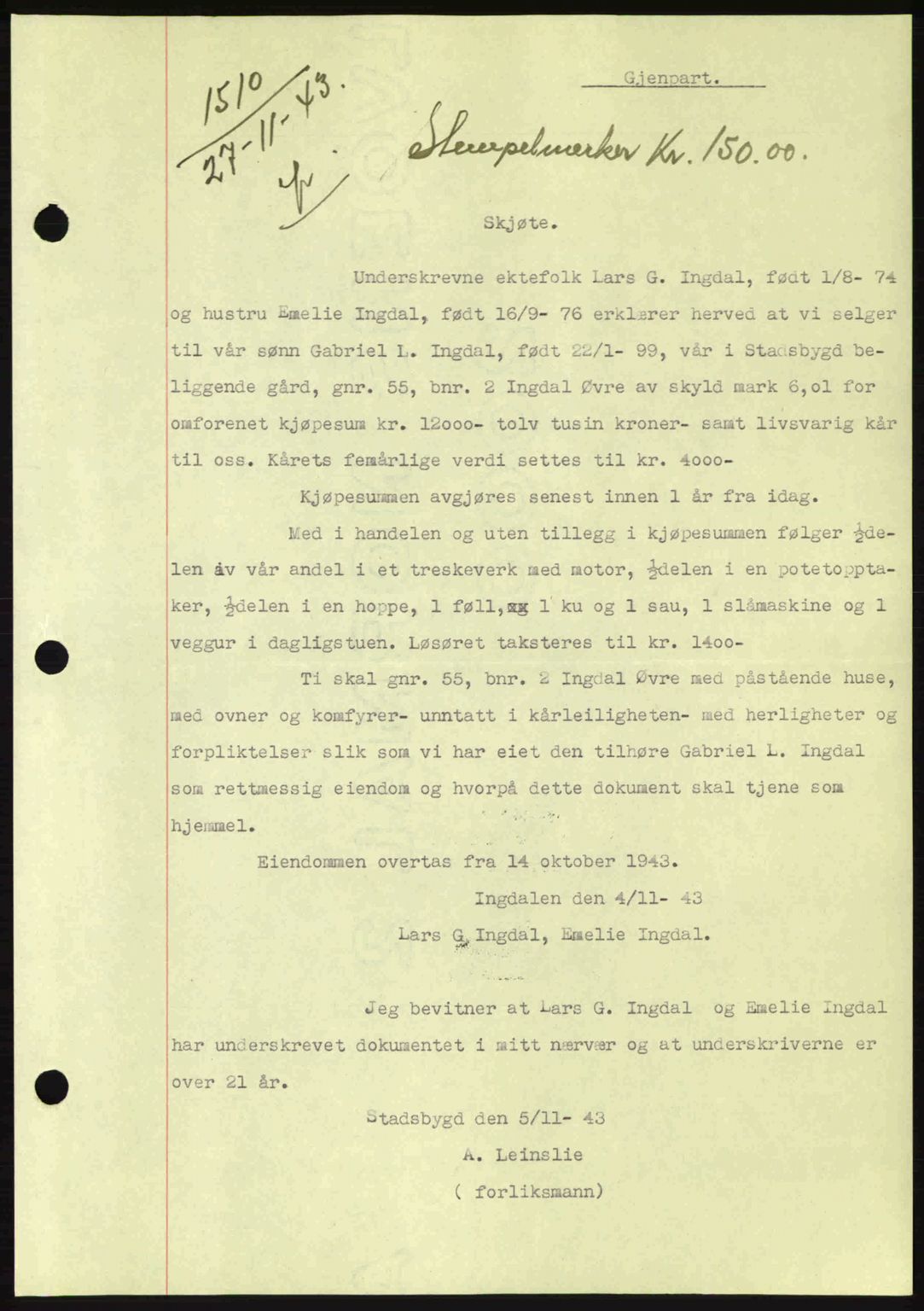Fosen sorenskriveri, AV/SAT-A-1107/1/2/2C: Mortgage book no. A/B, 1941-1945, Diary no: : 1510/1943