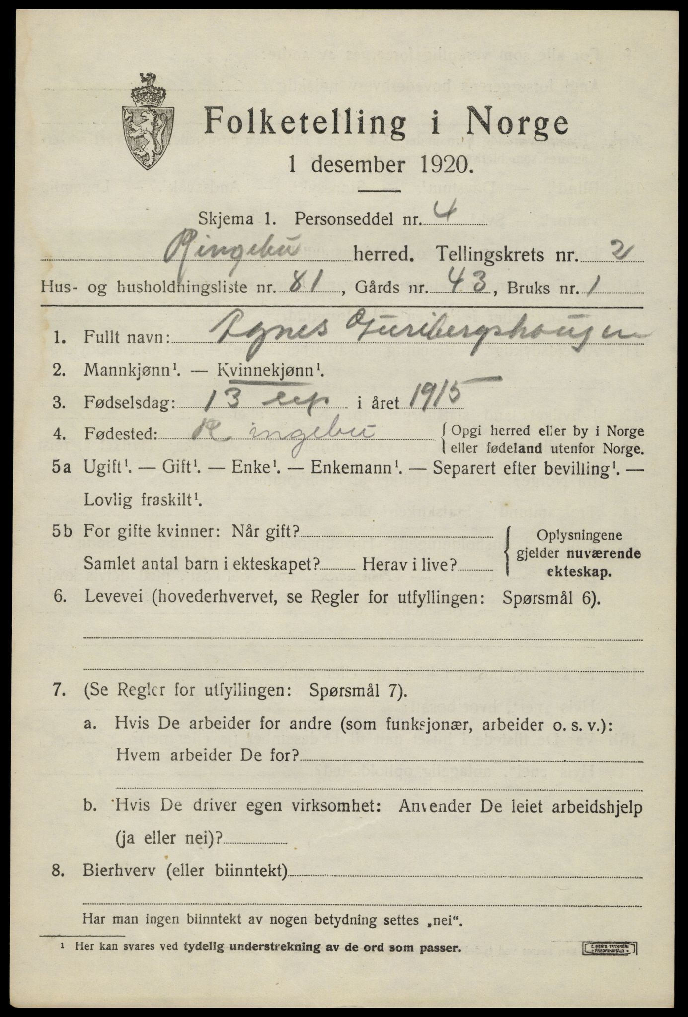 SAH, 1920 census for Ringebu, 1920, p. 3575