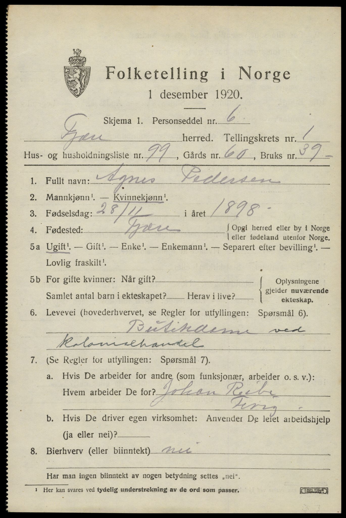 SAK, 1920 census for Fjære, 1920, p. 3165