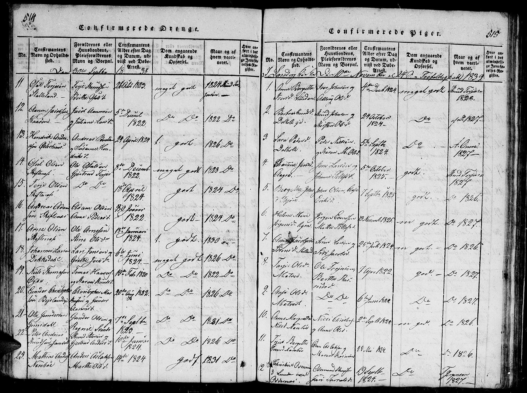 Hommedal sokneprestkontor, AV/SAK-1111-0023/F/Fb/Fbb/L0003: Parish register (copy) no. B 3 /1, 1816-1850, p. 514-515