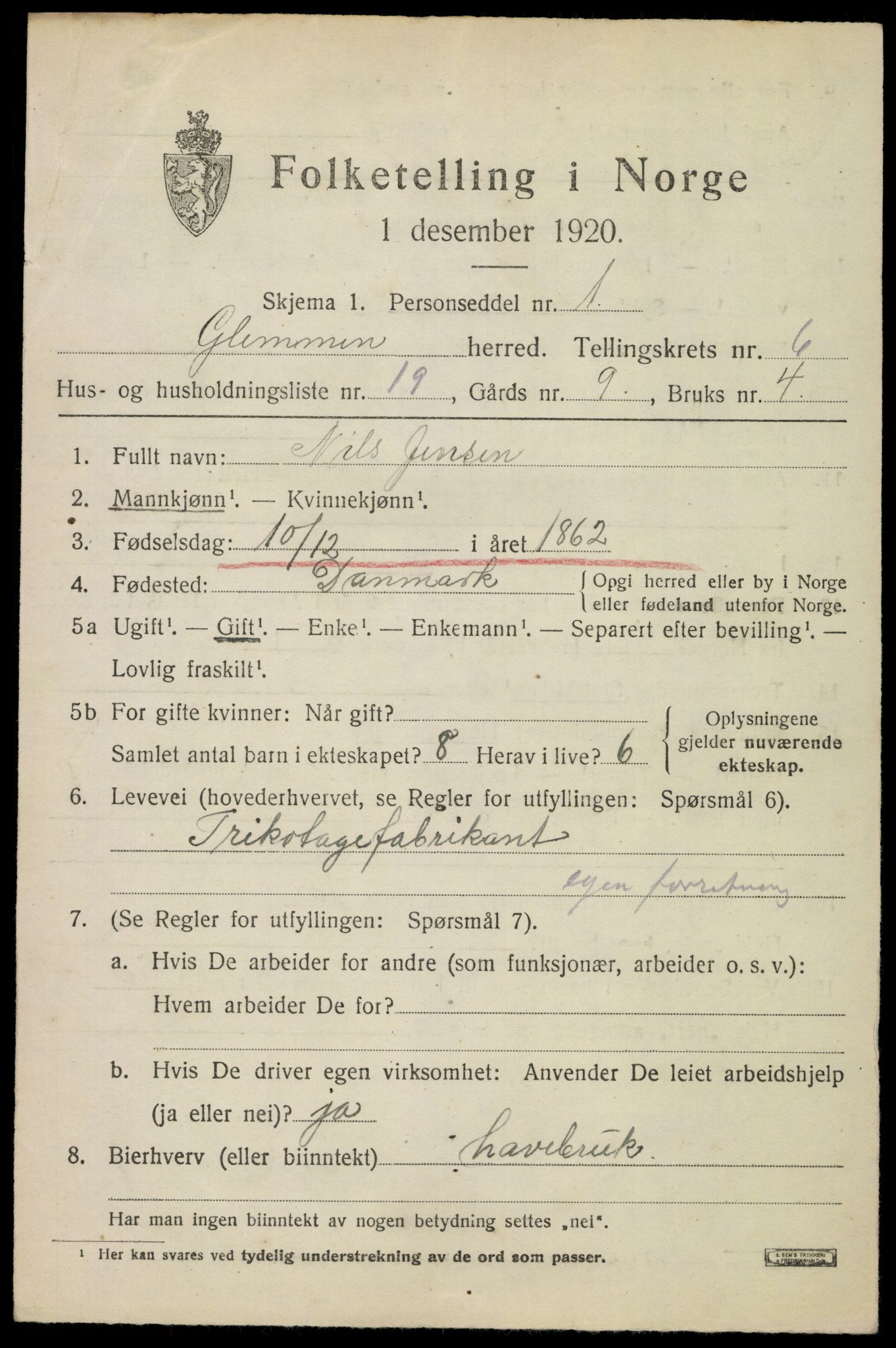 SAO, 1920 census for Glemmen, 1920, p. 18845