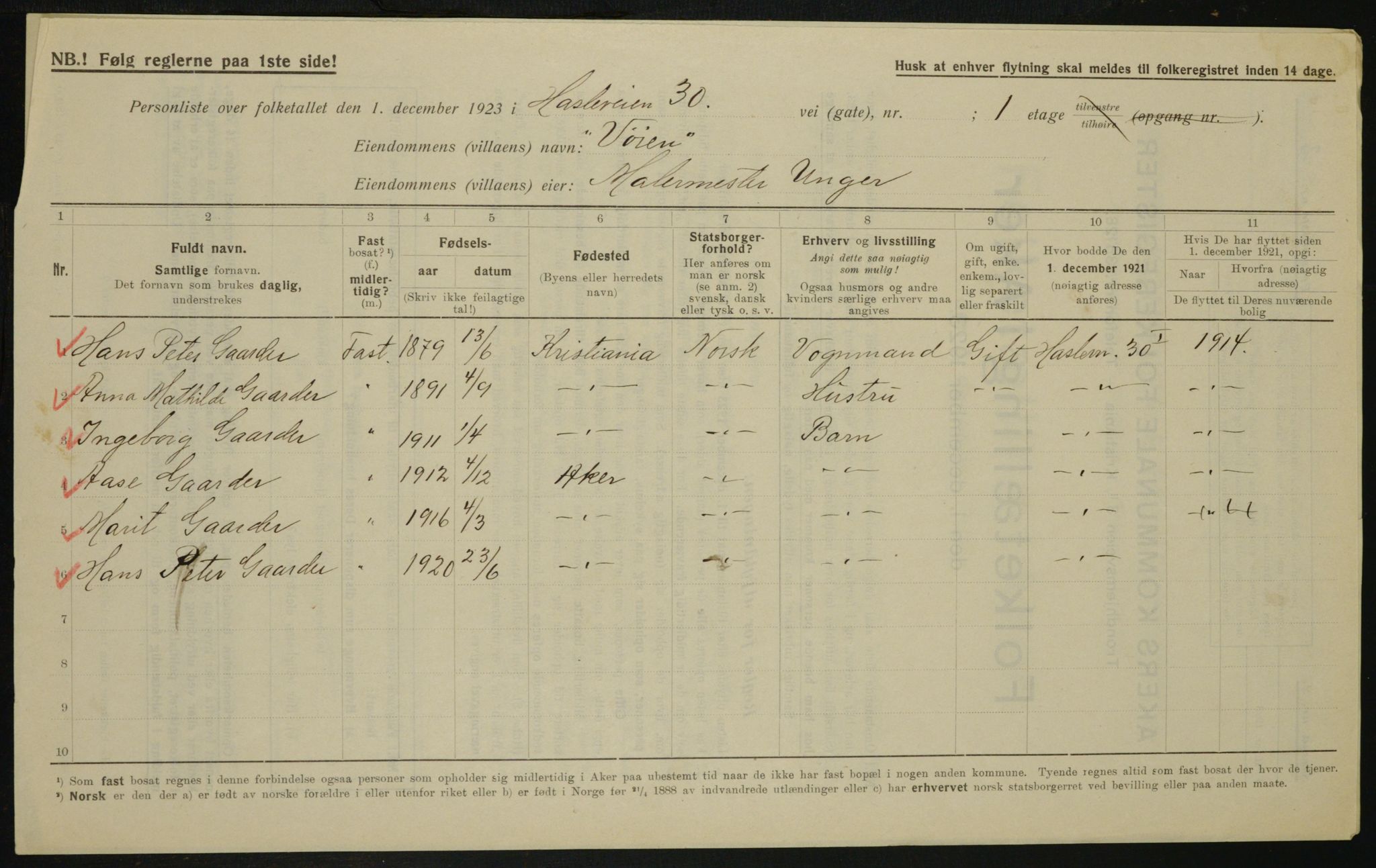 , Municipal Census 1923 for Aker, 1923, p. 25567