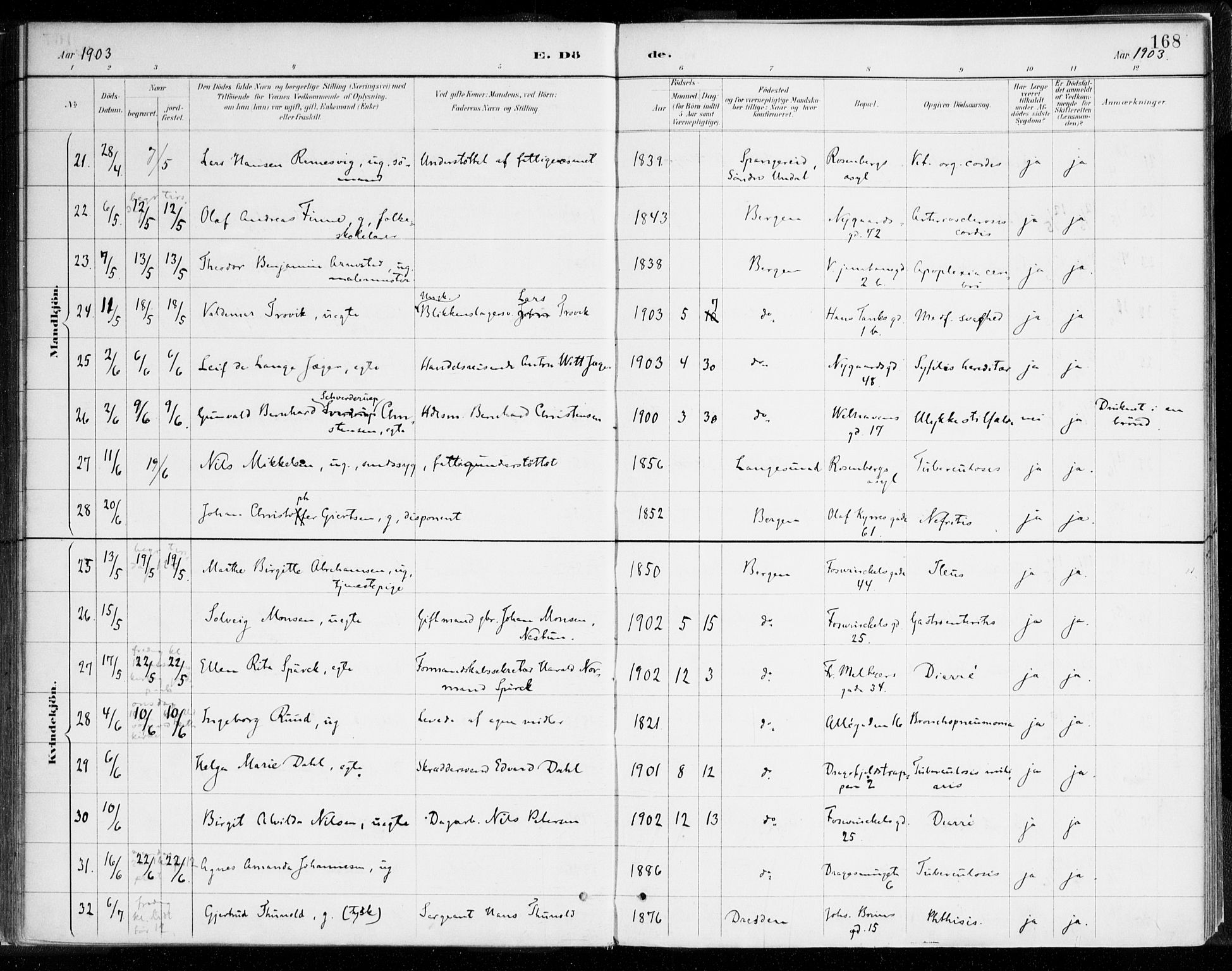 Johanneskirken sokneprestembete, AV/SAB-A-76001/H/Haa/L0019: Parish register (official) no. E 1, 1885-1915, p. 168