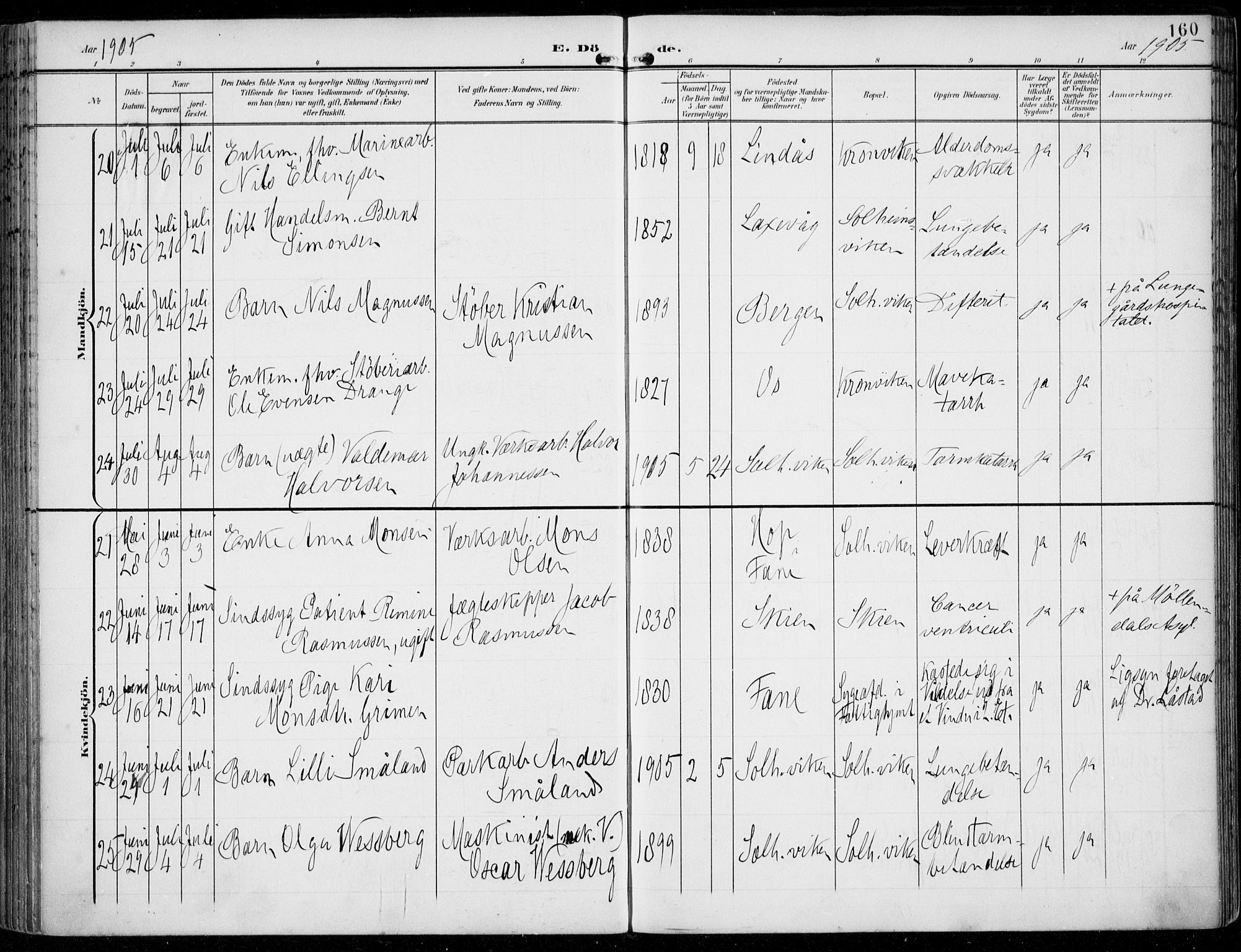 Årstad Sokneprestembete, AV/SAB-A-79301/H/Haa/L0009: Parish register (official) no. C 1, 1902-1918, p. 160