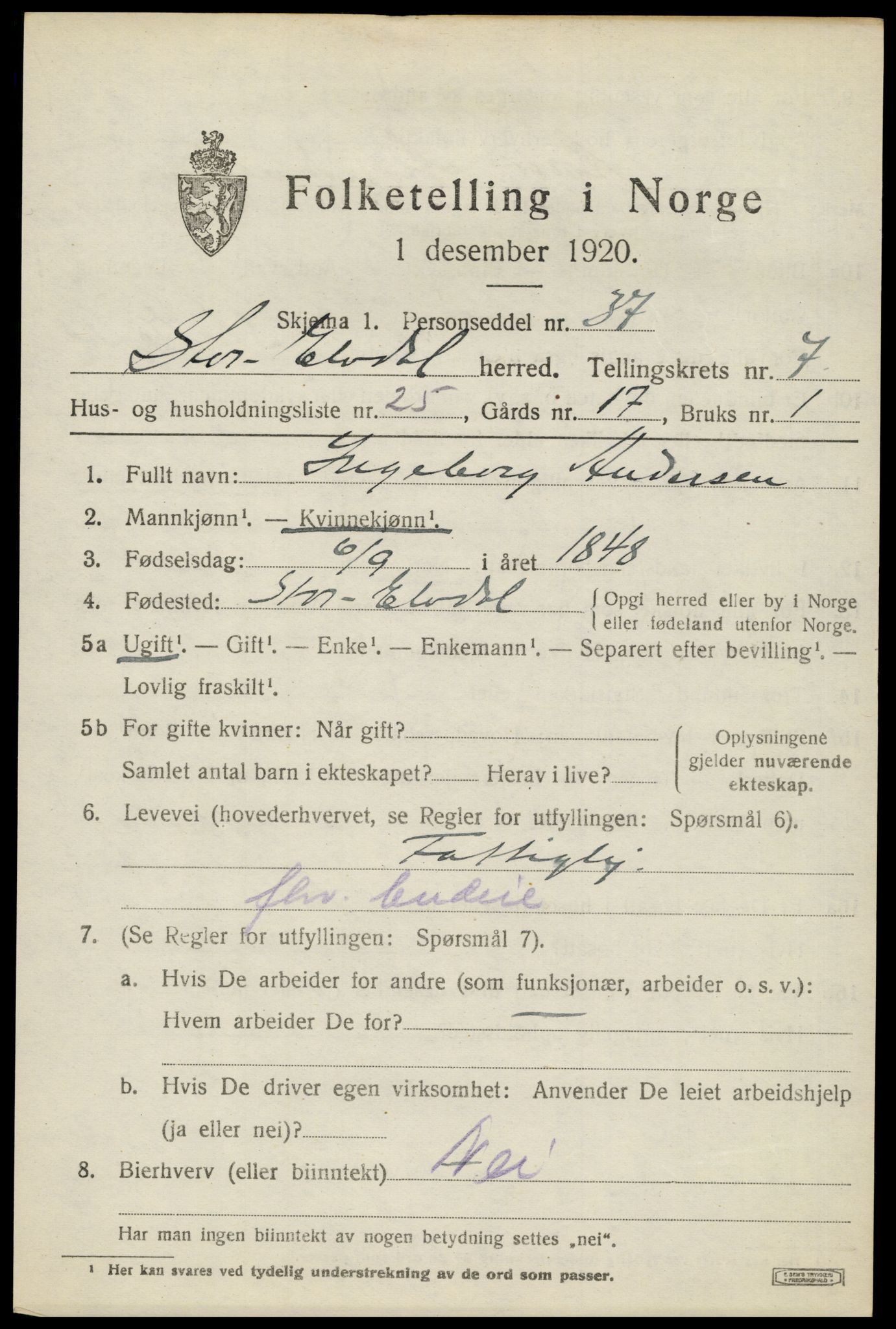 SAH, 1920 census for Stor-Elvdal, 1920, p. 6120