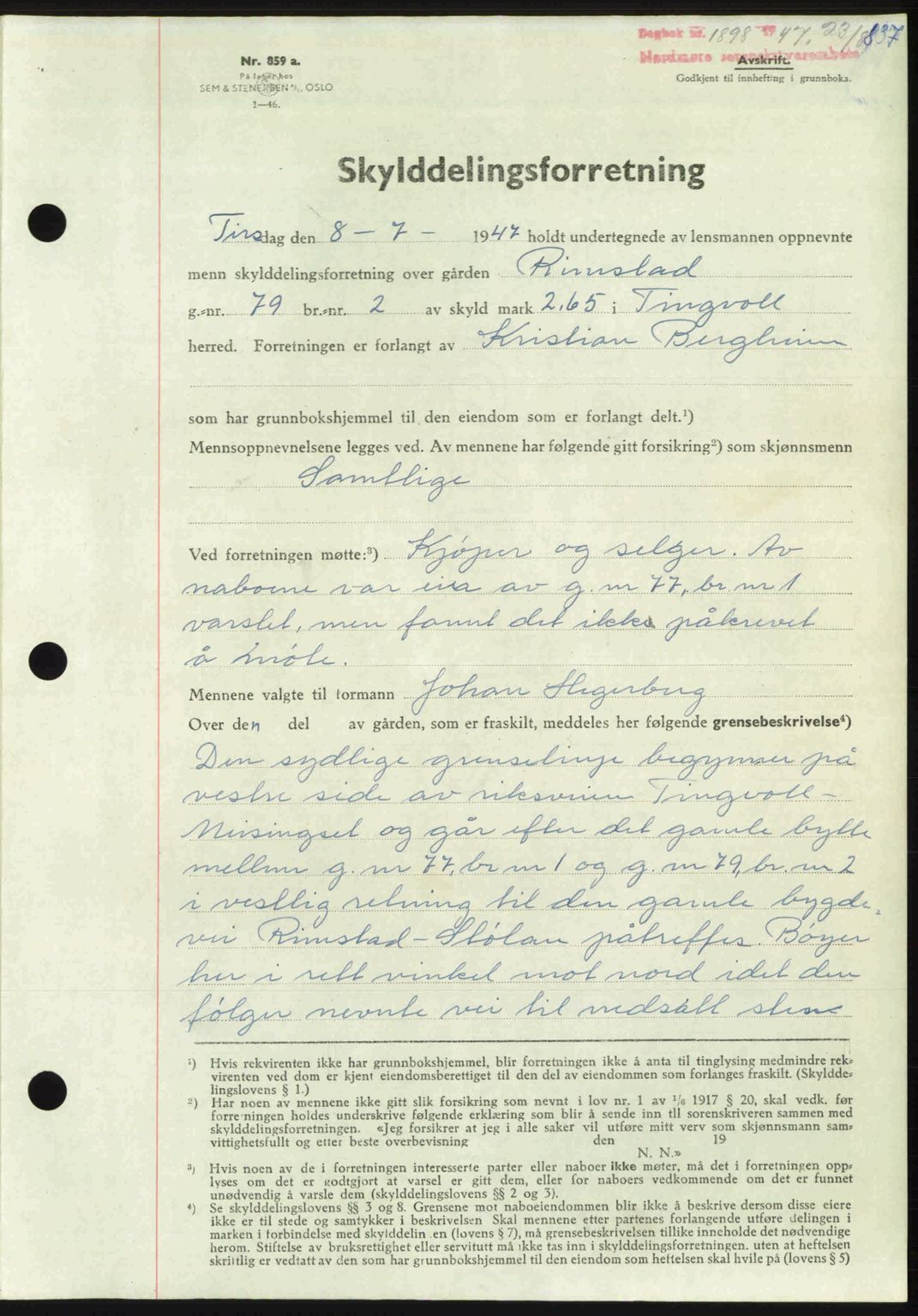 Nordmøre sorenskriveri, AV/SAT-A-4132/1/2/2Ca: Mortgage book no. A105, 1947-1947, Diary no: : 1898/1947