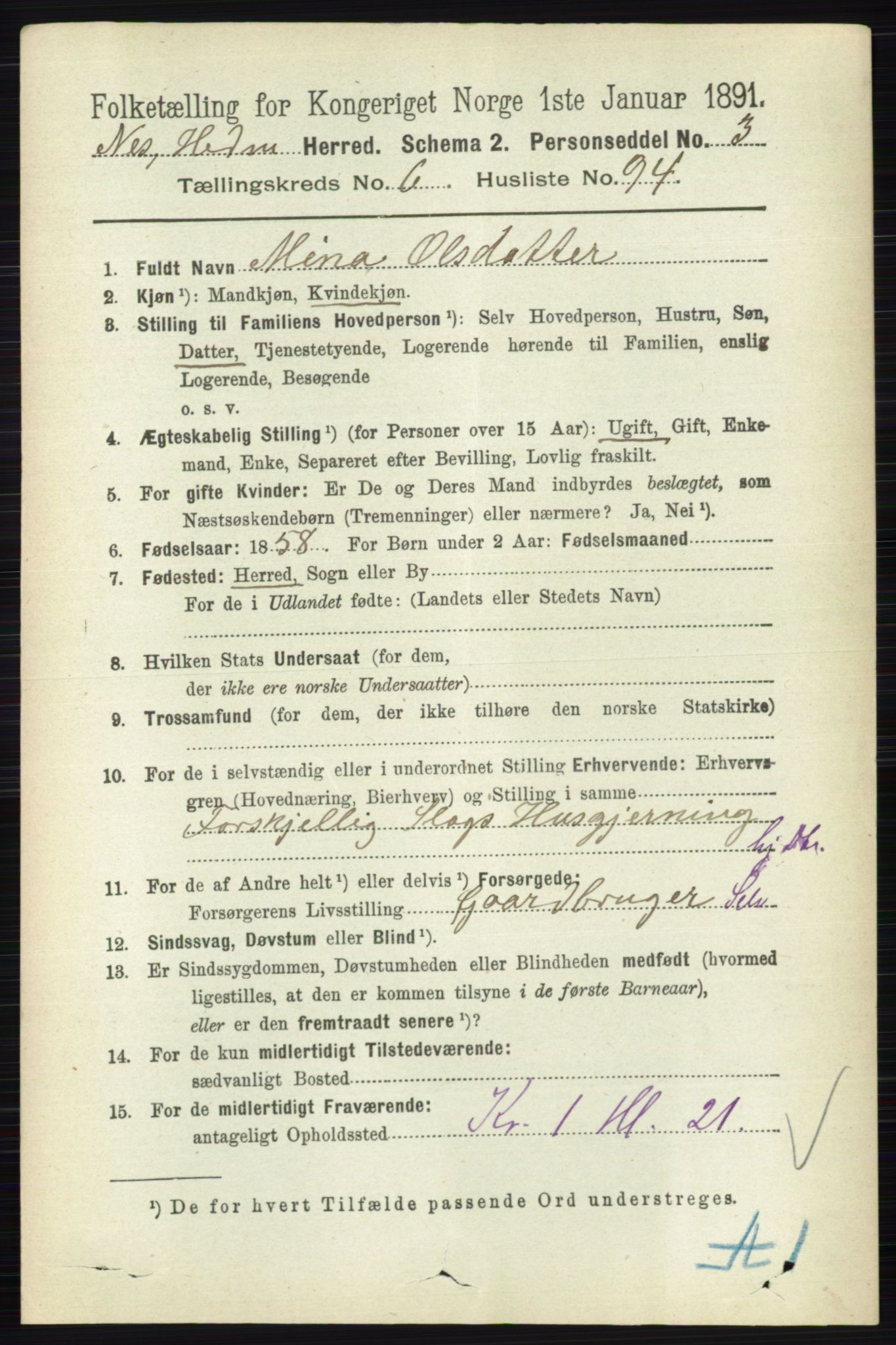 RA, 1891 census for 0411 Nes, 1891, p. 3821