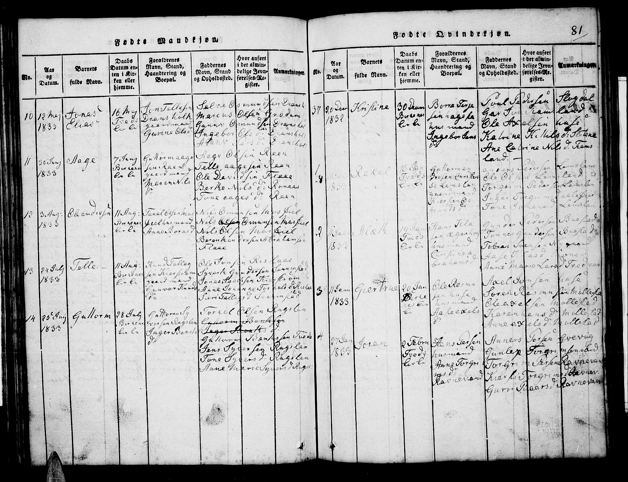 Tveit sokneprestkontor, SAK/1111-0043/F/Fb/L0001: Parish register (copy) no. B 1, 1820-1834, p. 81