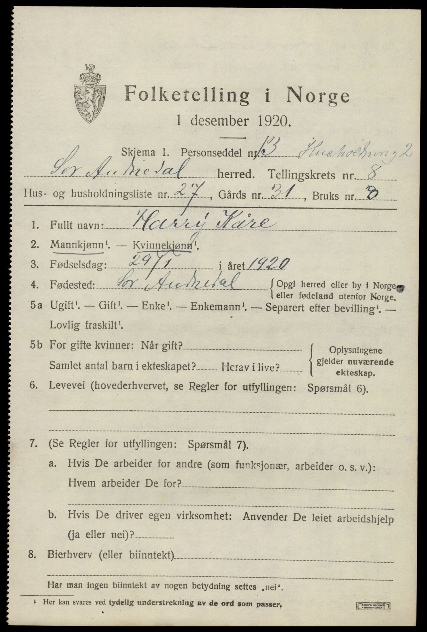 SAK, 1920 census for Sør-Audnedal, 1920, p. 3459