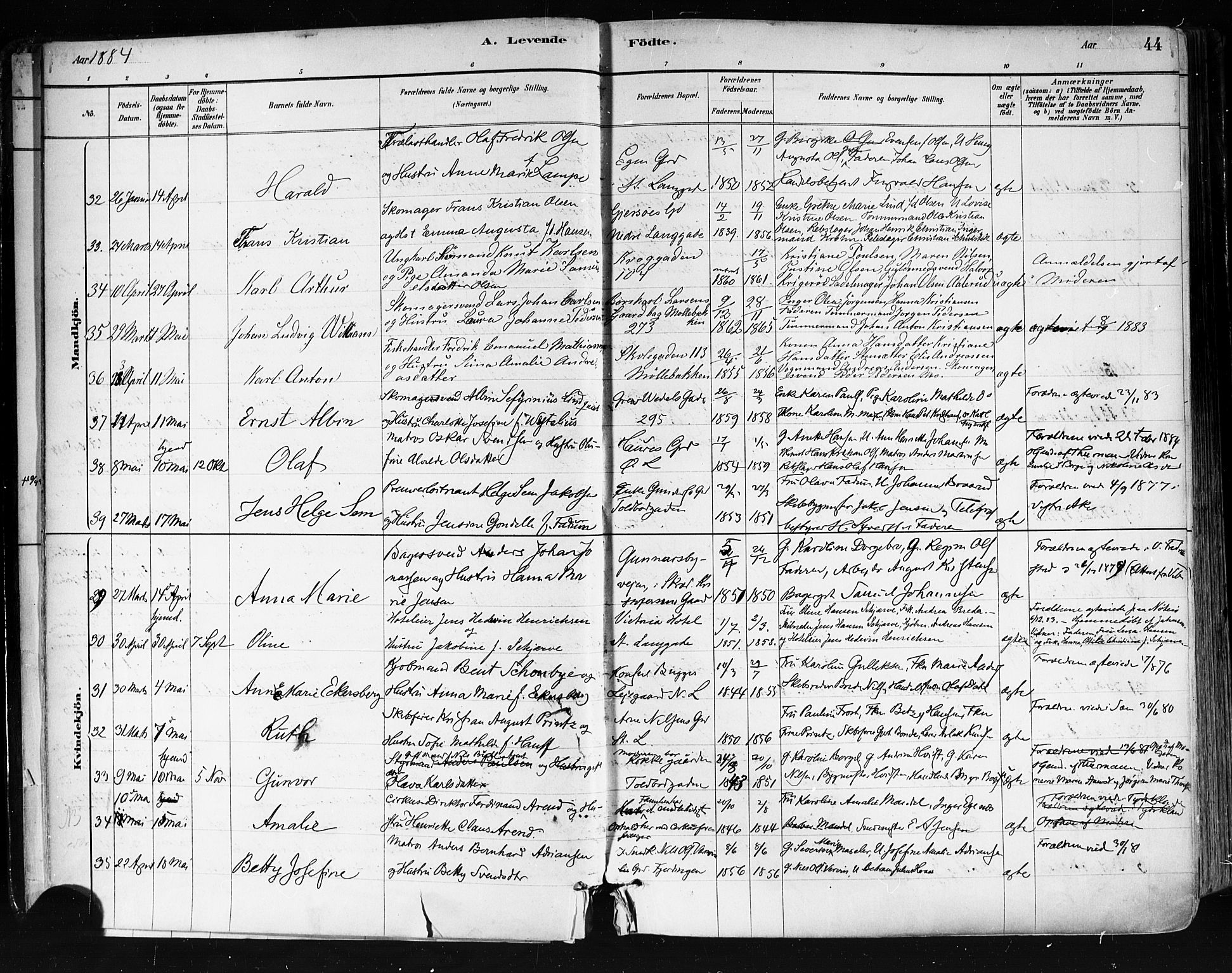 Tønsberg kirkebøker, AV/SAKO-A-330/F/Fa/L0011: Parish register (official) no. I 11, 1881-1890, p. 44