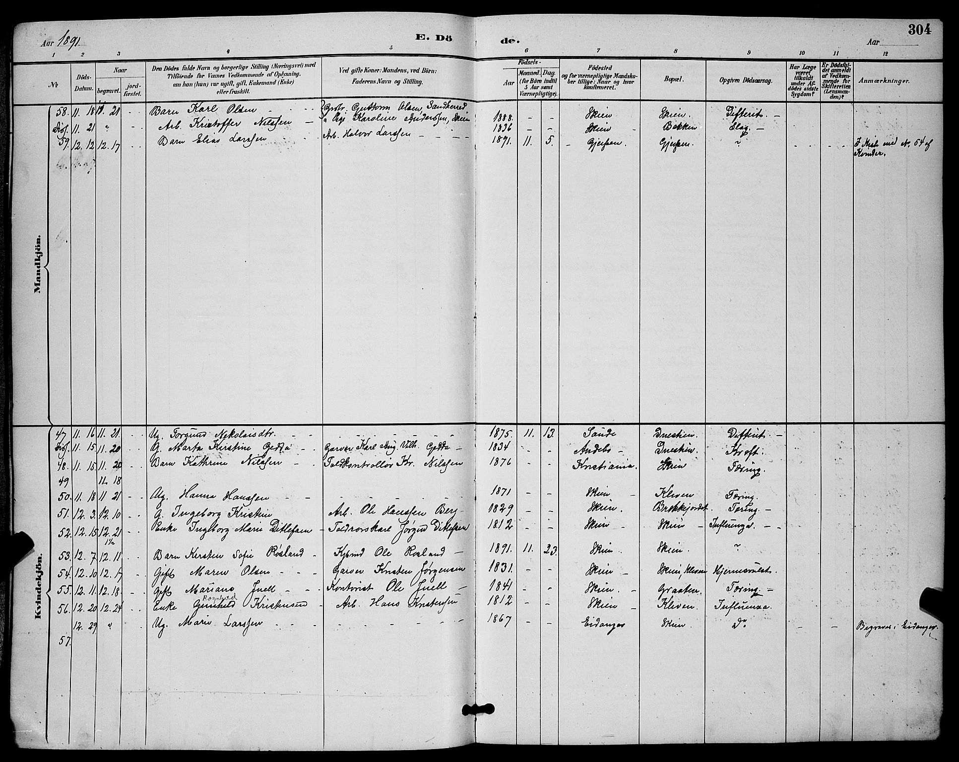 Skien kirkebøker, AV/SAKO-A-302/G/Ga/L0007: Parish register (copy) no. 7, 1891-1900, p. 304