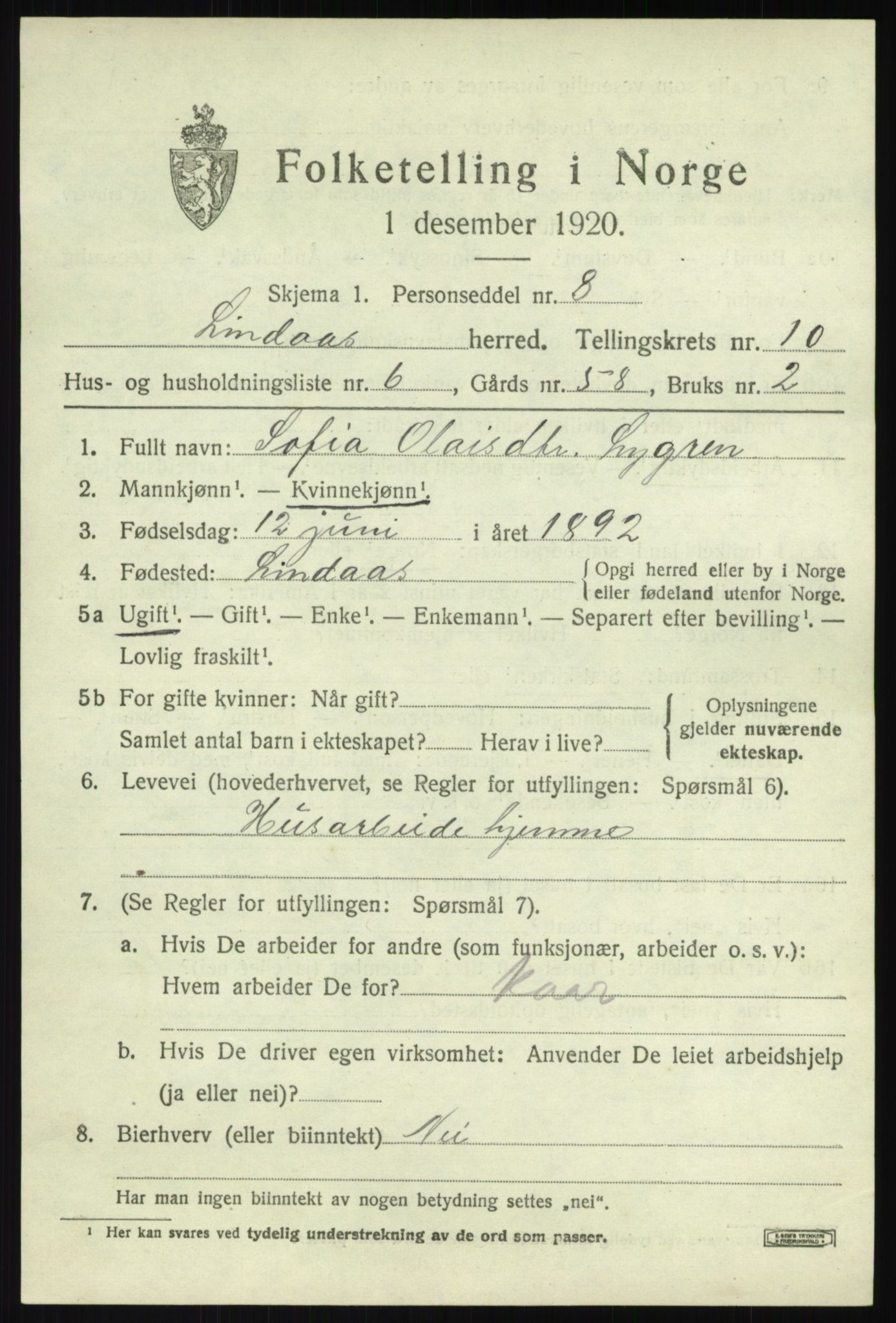 SAB, 1920 census for Lindås, 1920, p. 5437