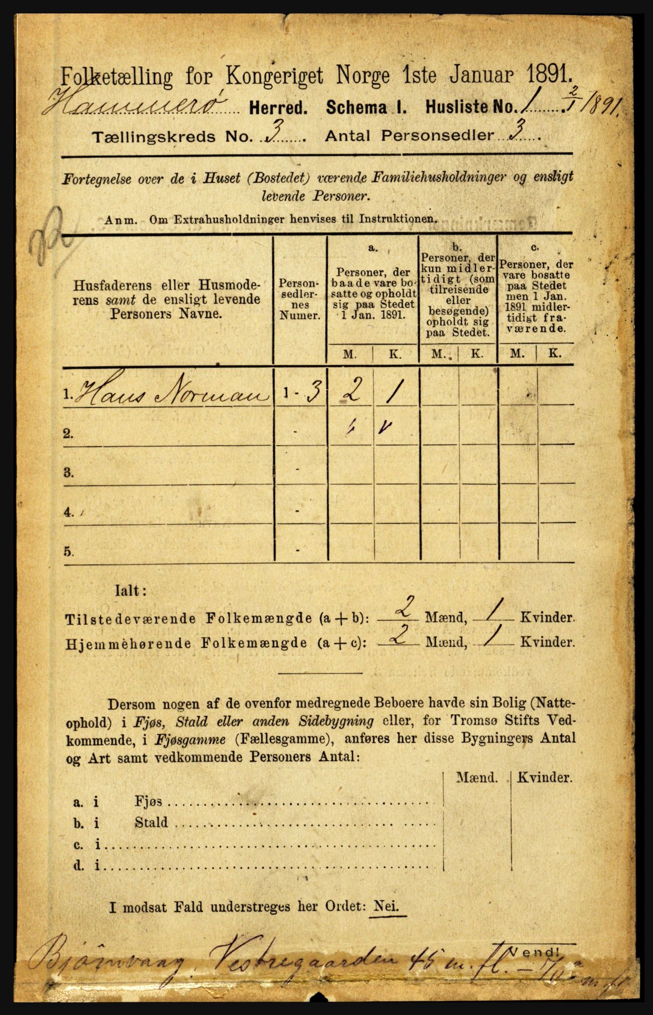 RA, 1891 census for 1849 Hamarøy, 1891, p. 1161