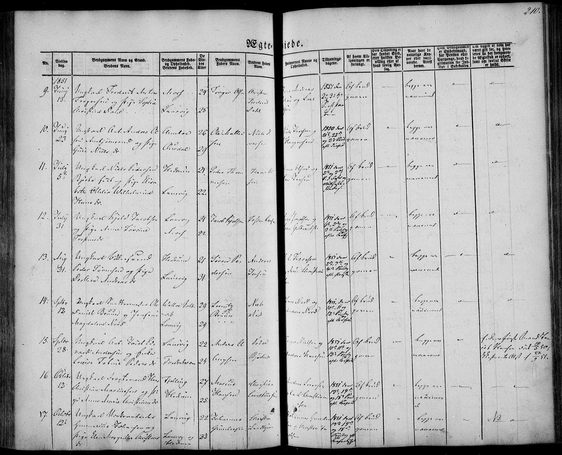 Larvik kirkebøker, AV/SAKO-A-352/F/Fa/L0003: Parish register (official) no. I 3, 1848-1856, p. 210