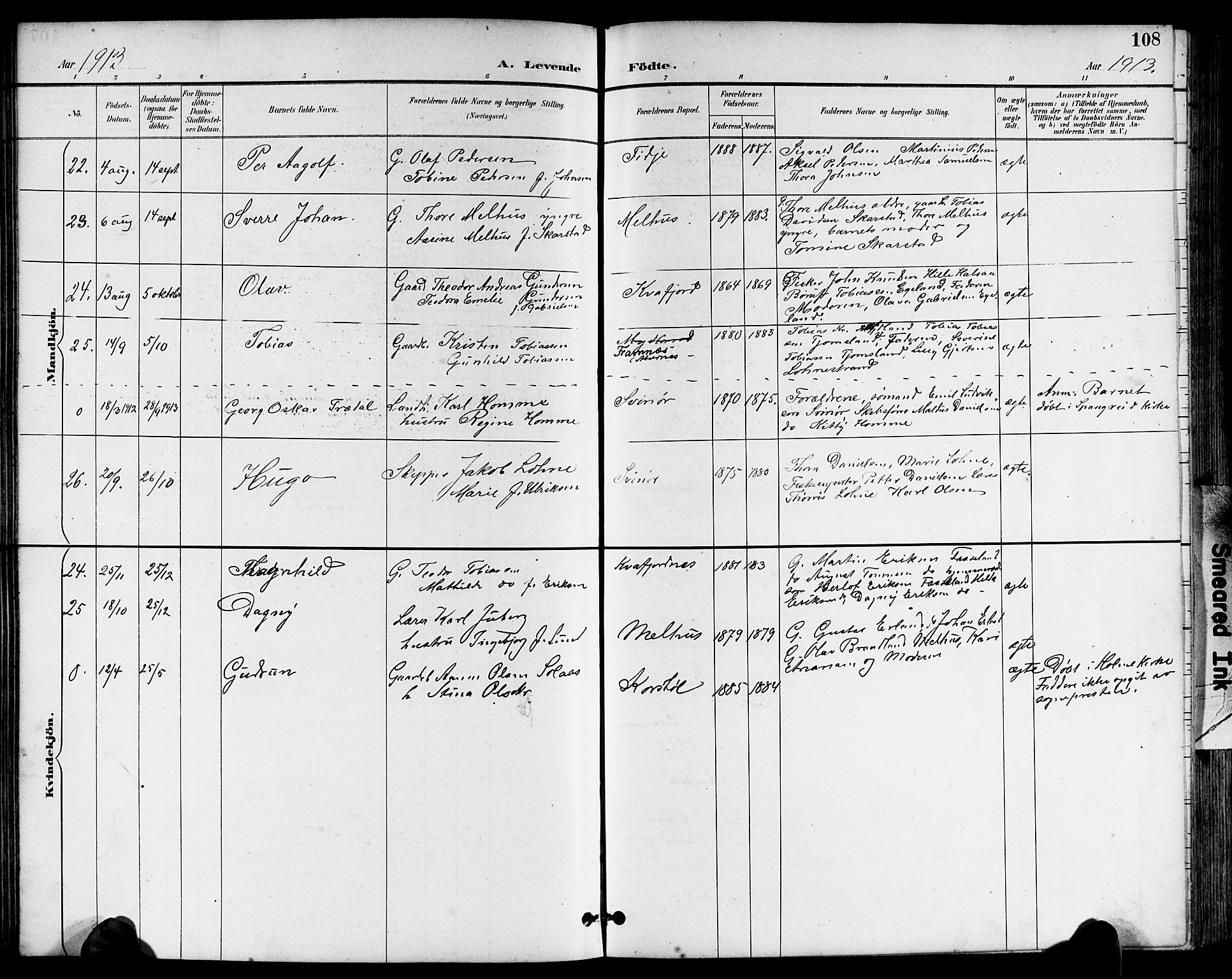 Sør-Audnedal sokneprestkontor, AV/SAK-1111-0039/F/Fb/Fbb/L0006: Parish register (copy) no. B 6, 1893-1915, p. 108