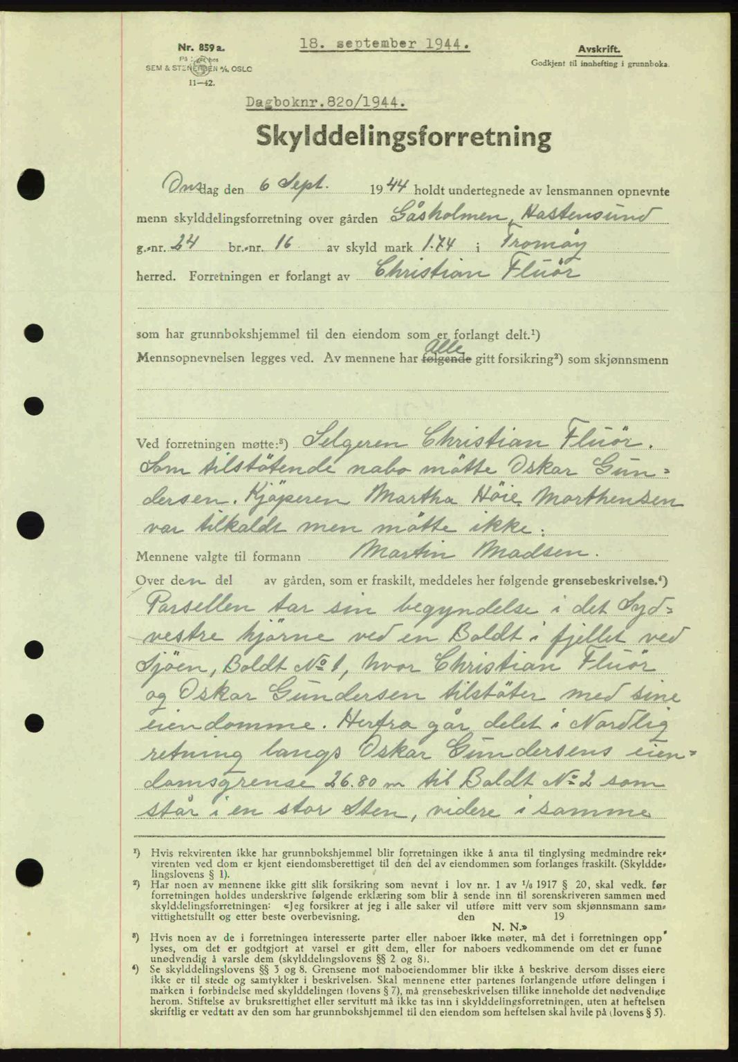 Nedenes sorenskriveri, AV/SAK-1221-0006/G/Gb/Gba/L0052: Mortgage book no. A6a, 1944-1945, Diary no: : 820/1944