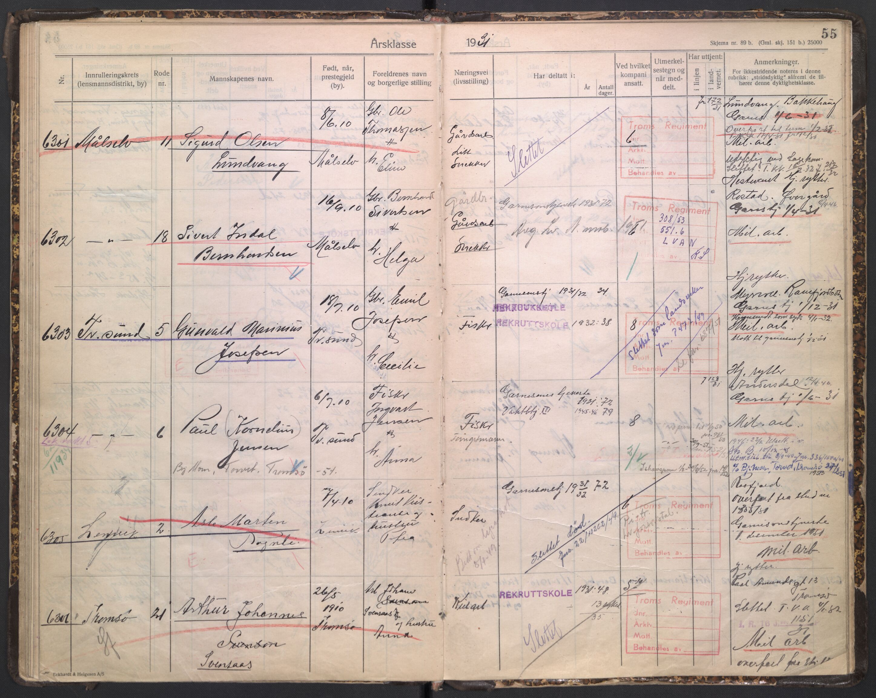 Forsvaret, Troms infanteriregiment nr. 16, AV/RA-RAFA-3146/P/Pa/L0005/0006: Ruller / Rulle for Bardu bataljons menige mannskaper, årsklasse 1931, 1931, p. 55