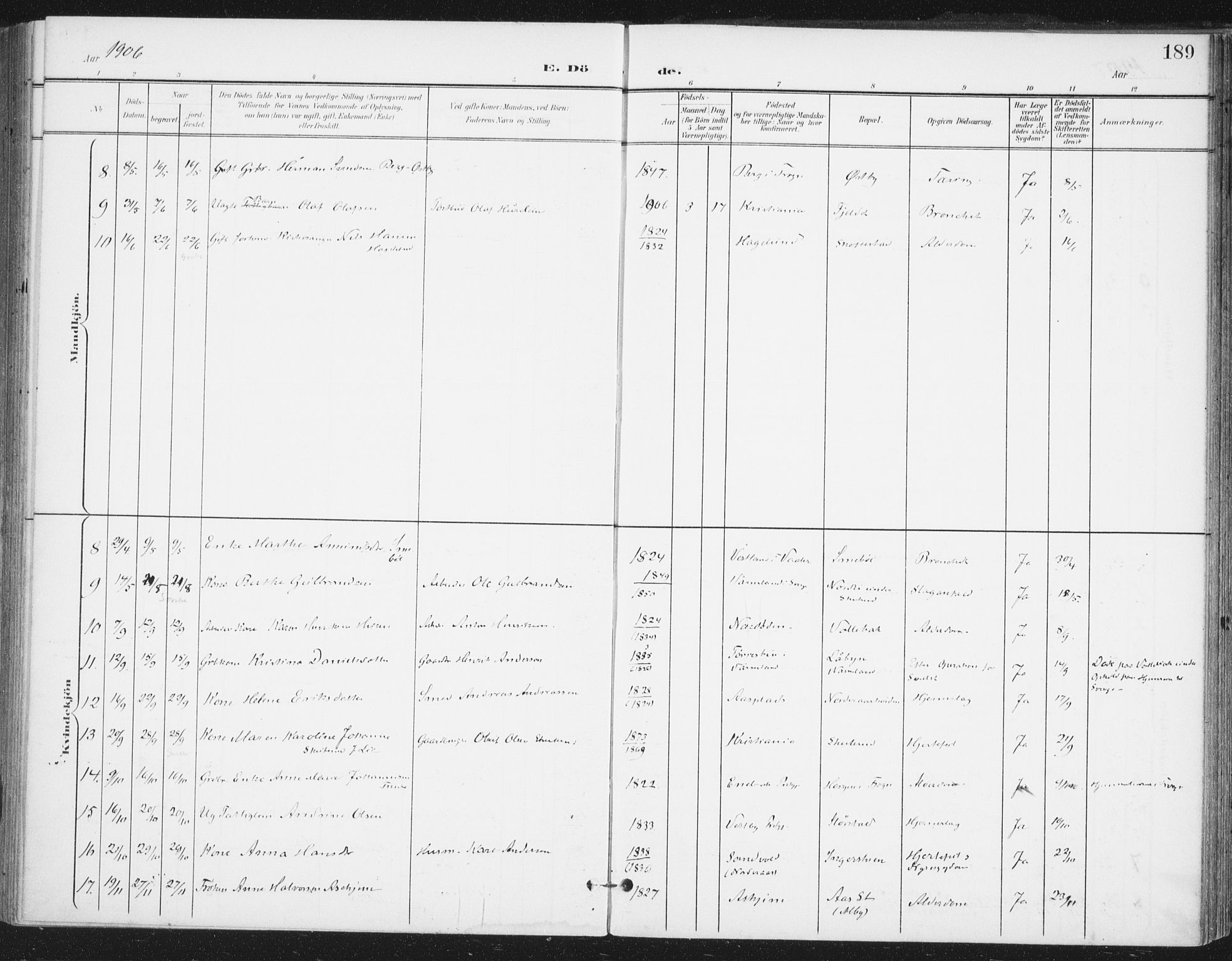 Ås prestekontor Kirkebøker, AV/SAO-A-10894/F/Fa/L0010: Parish register (official) no. I 10, 1900-1918, p. 189