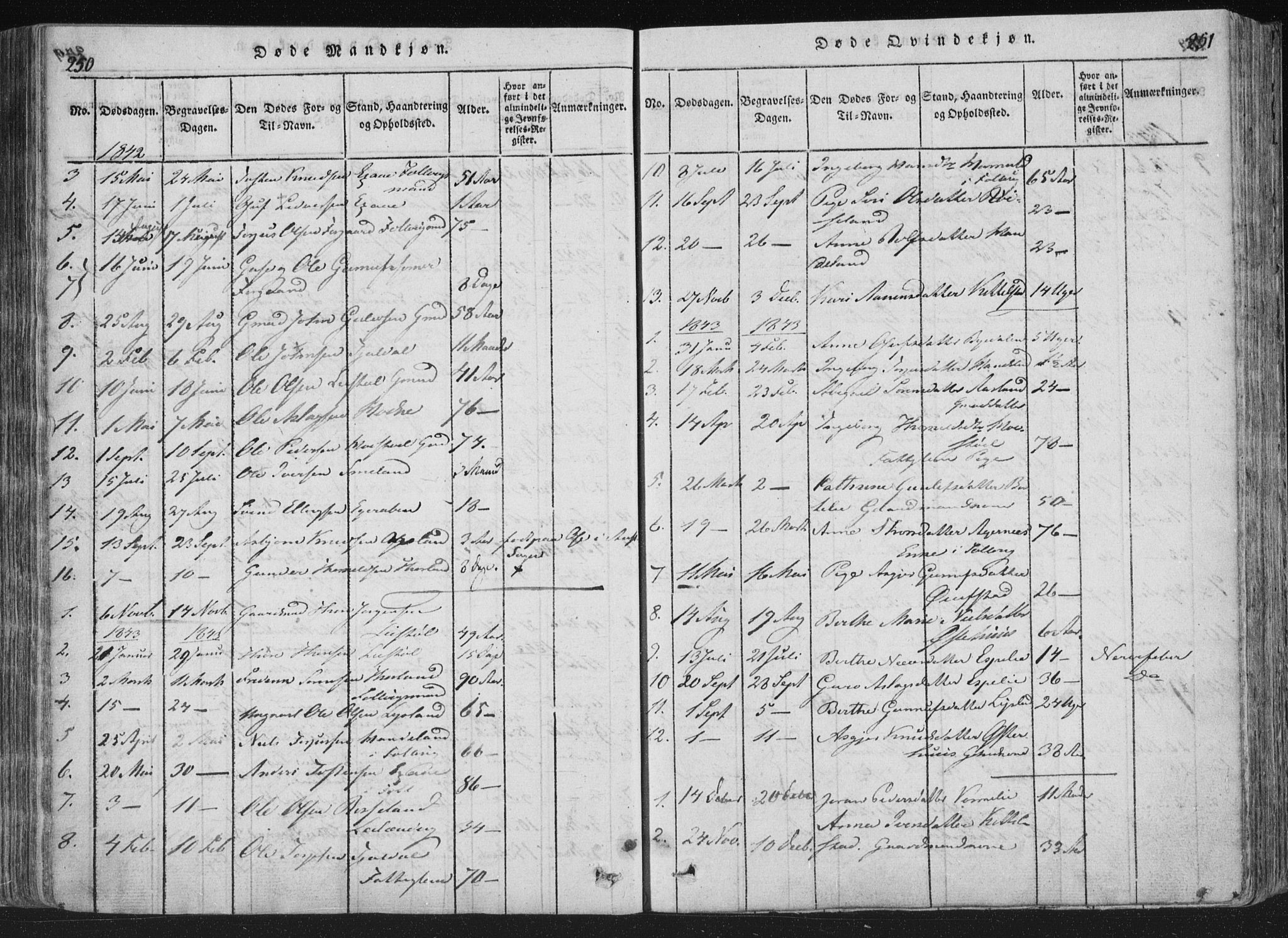 Åseral sokneprestkontor, SAK/1111-0051/F/Fa/L0001: Parish register (official) no. A 1, 1815-1853, p. 250-251