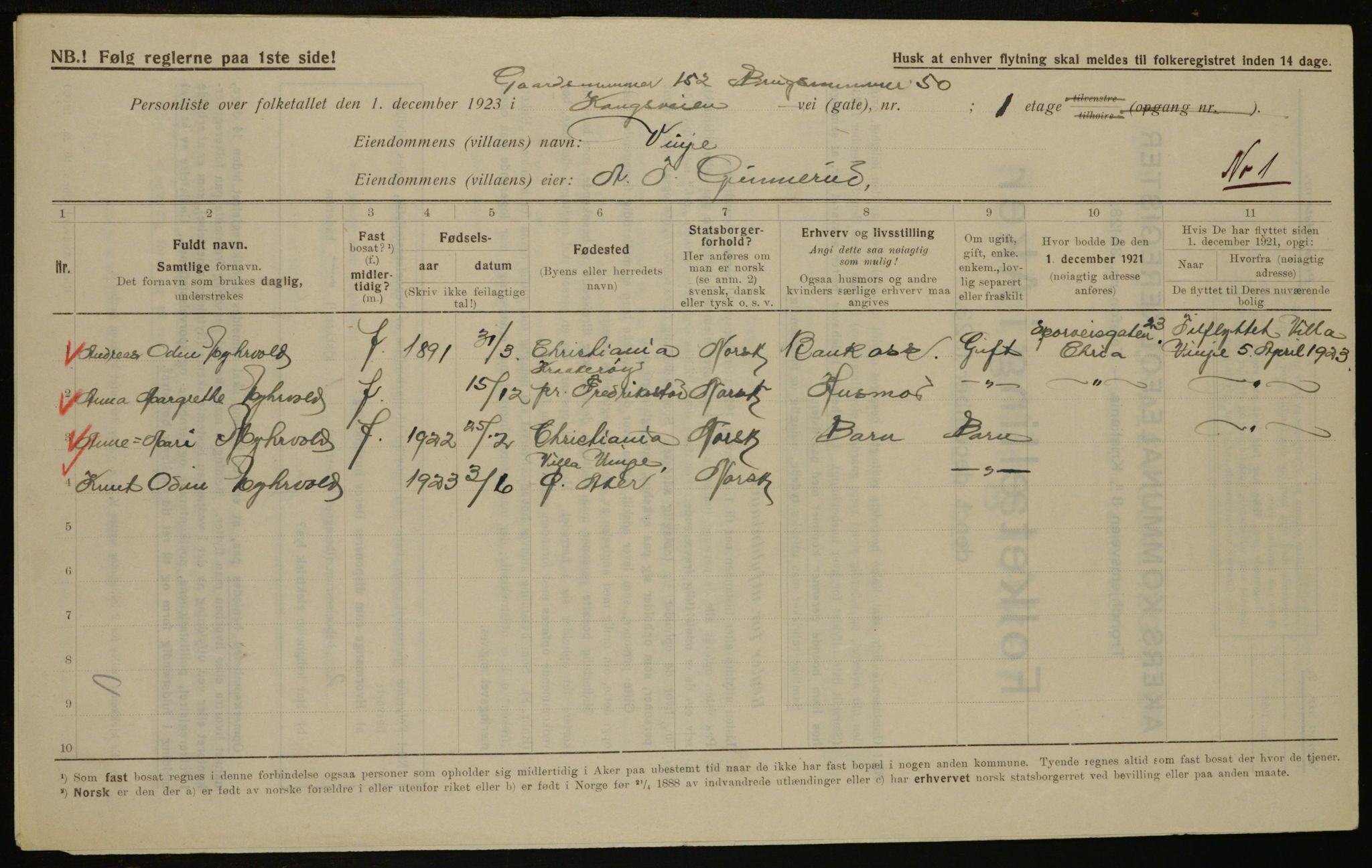 , Municipal Census 1923 for Aker, 1923, p. 40397