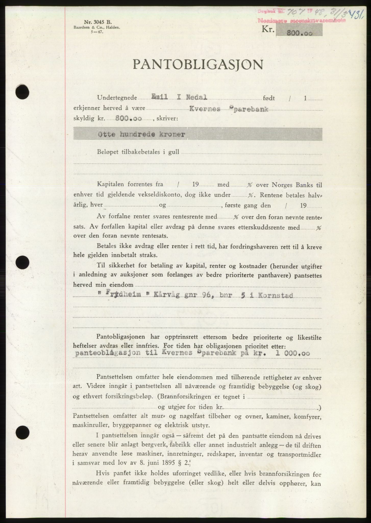 Nordmøre sorenskriveri, AV/SAT-A-4132/1/2/2Ca: Mortgage book no. B98, 1948-1948, Diary no: : 707/1948