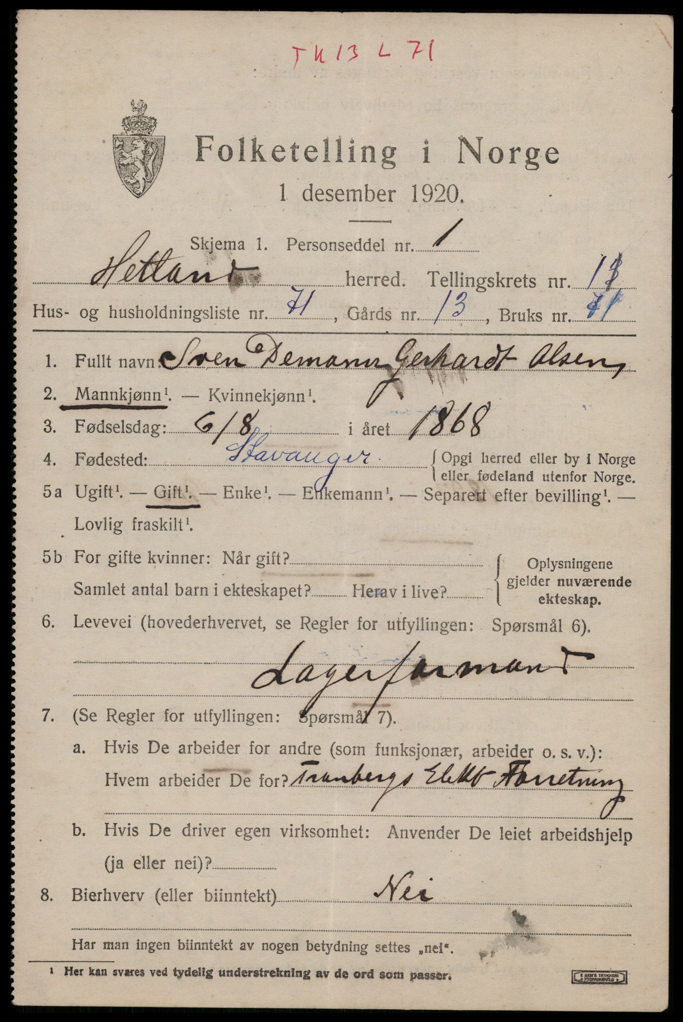 SAST, 1920 census for Hetland, 1920, p. 20879