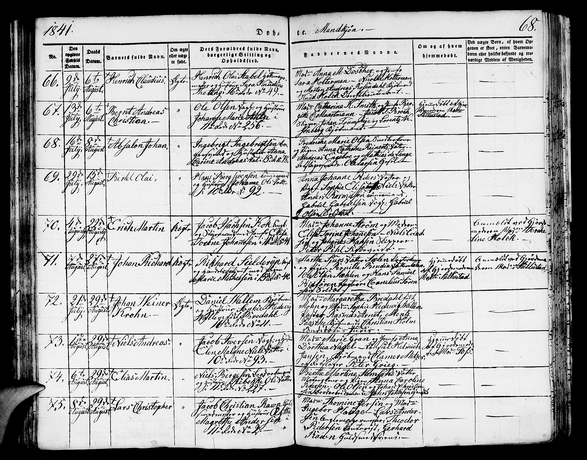 Domkirken sokneprestembete, SAB/A-74801/H/Hab/L0008: Parish register (copy) no. B 1, 1836-1841, p. 68