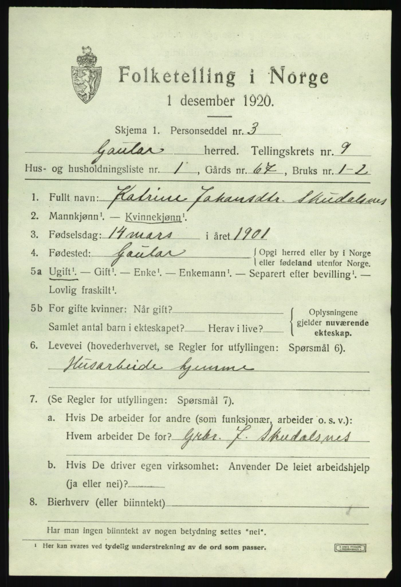 SAB, 1920 census for Gaular, 1920, p. 4168