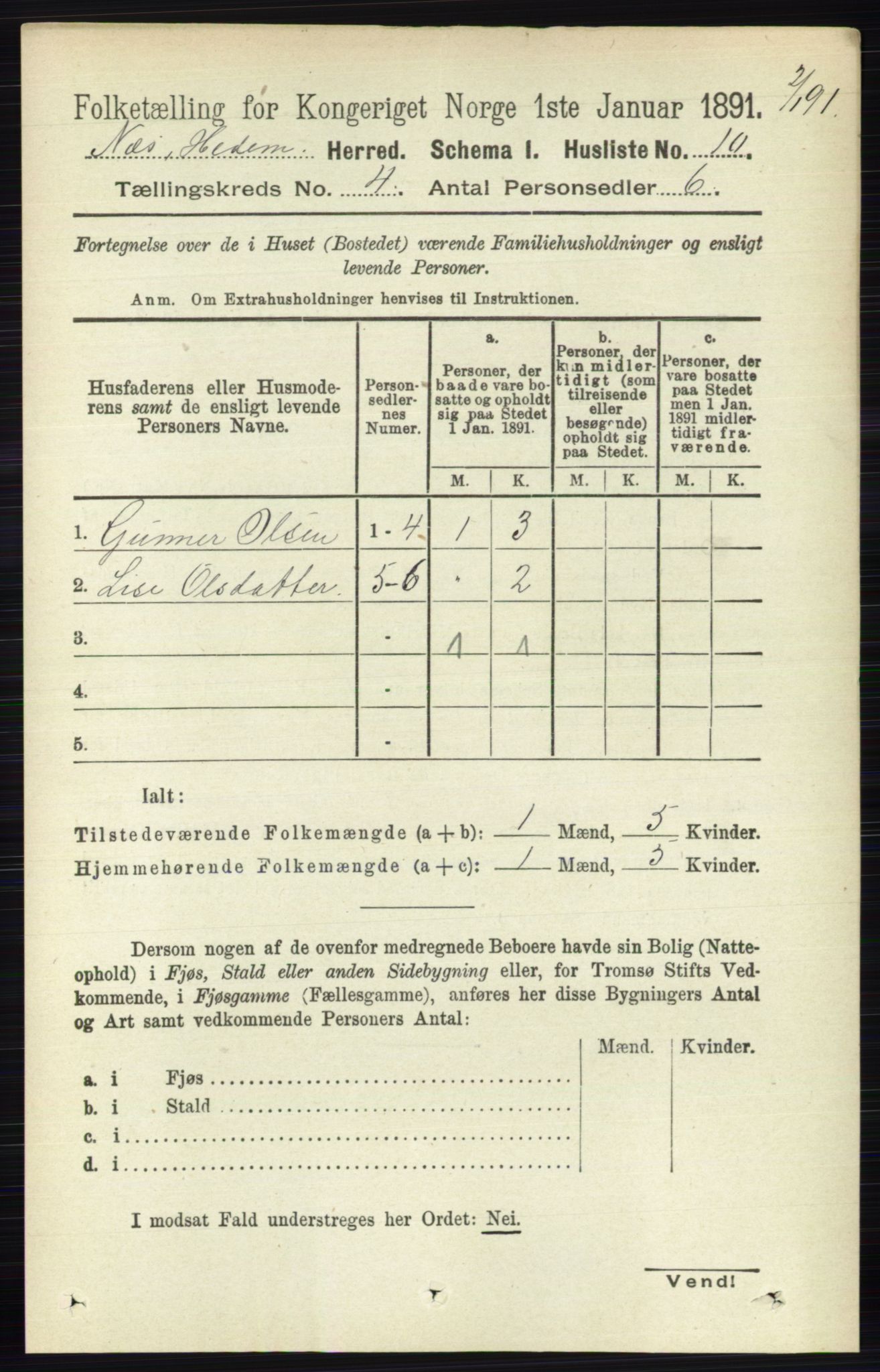 RA, 1891 census for 0411 Nes, 1891, p. 1962