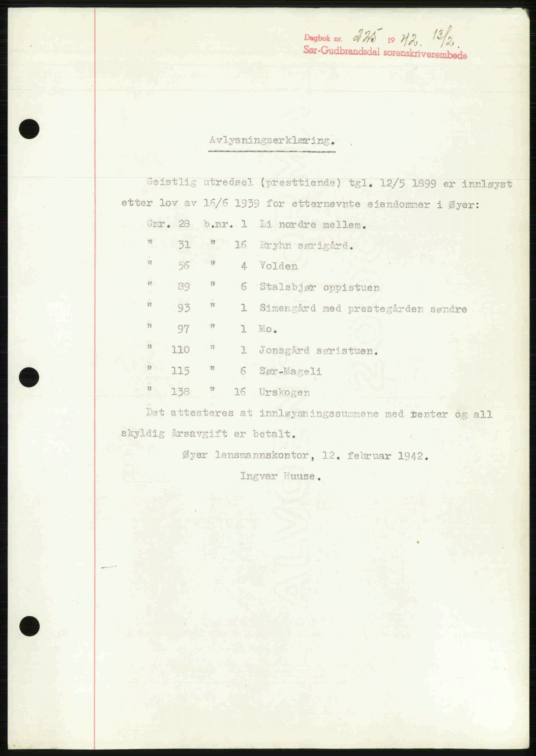 Sør-Gudbrandsdal tingrett, SAH/TING-004/H/Hb/Hbf/L0002: Mortgage book no. C1, 1938-1951, Diary no: : 225/1942