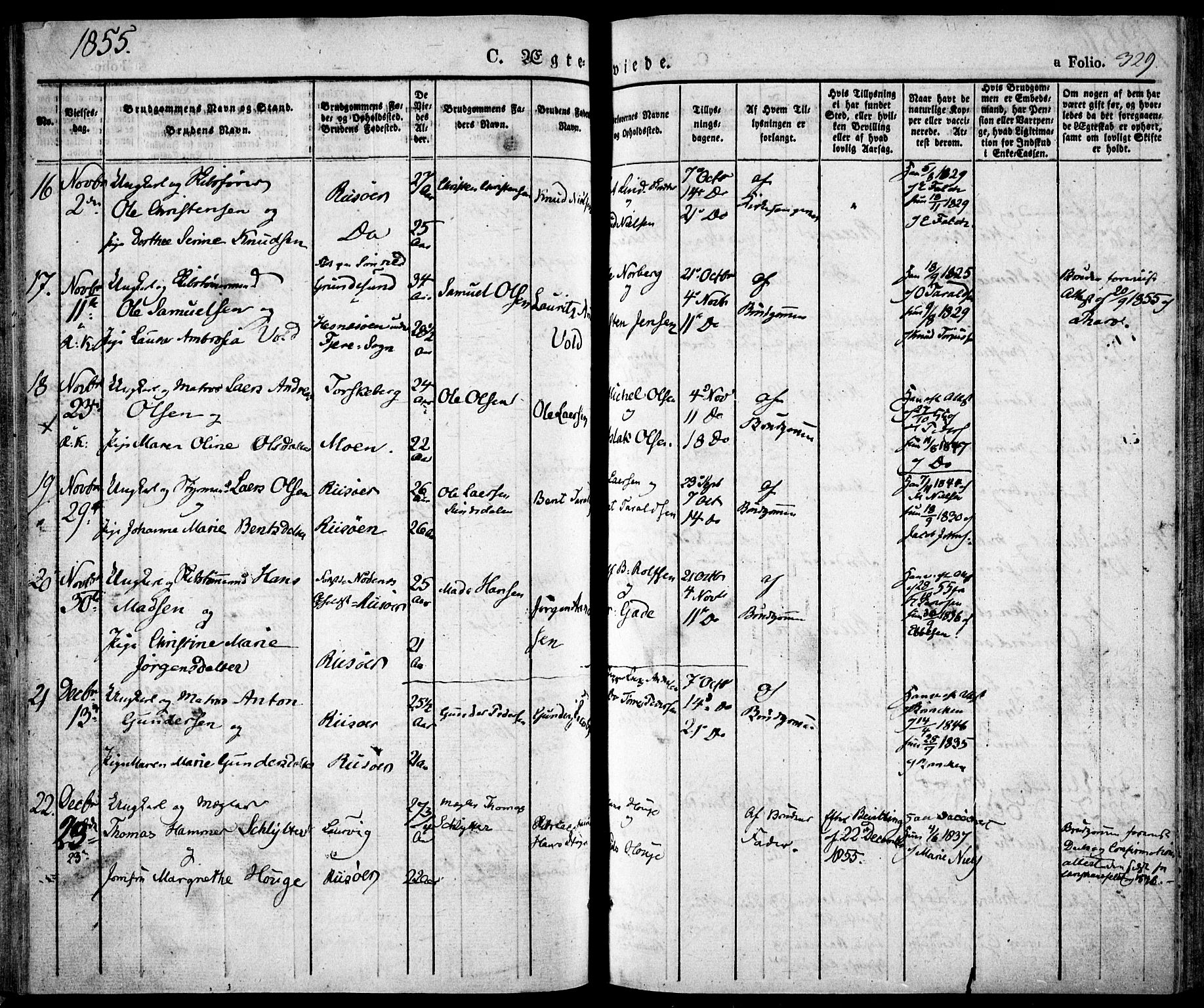 Risør sokneprestkontor, AV/SAK-1111-0035/F/Fa/L0003: Parish register (official) no. A 3, 1838-1864, p. 329