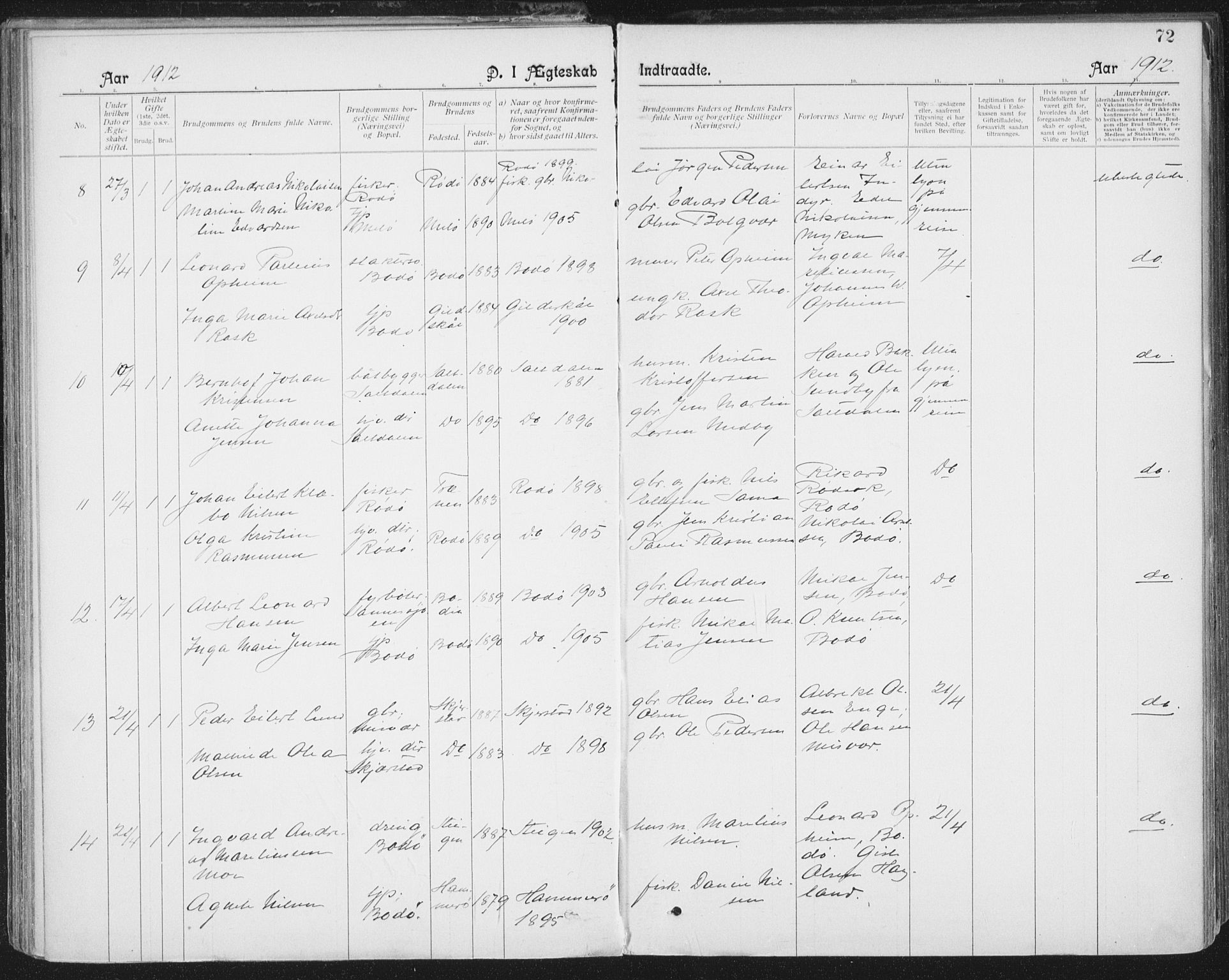 Ministerialprotokoller, klokkerbøker og fødselsregistre - Nordland, SAT/A-1459/801/L0012: Parish register (official) no. 801A12, 1900-1916, p. 72