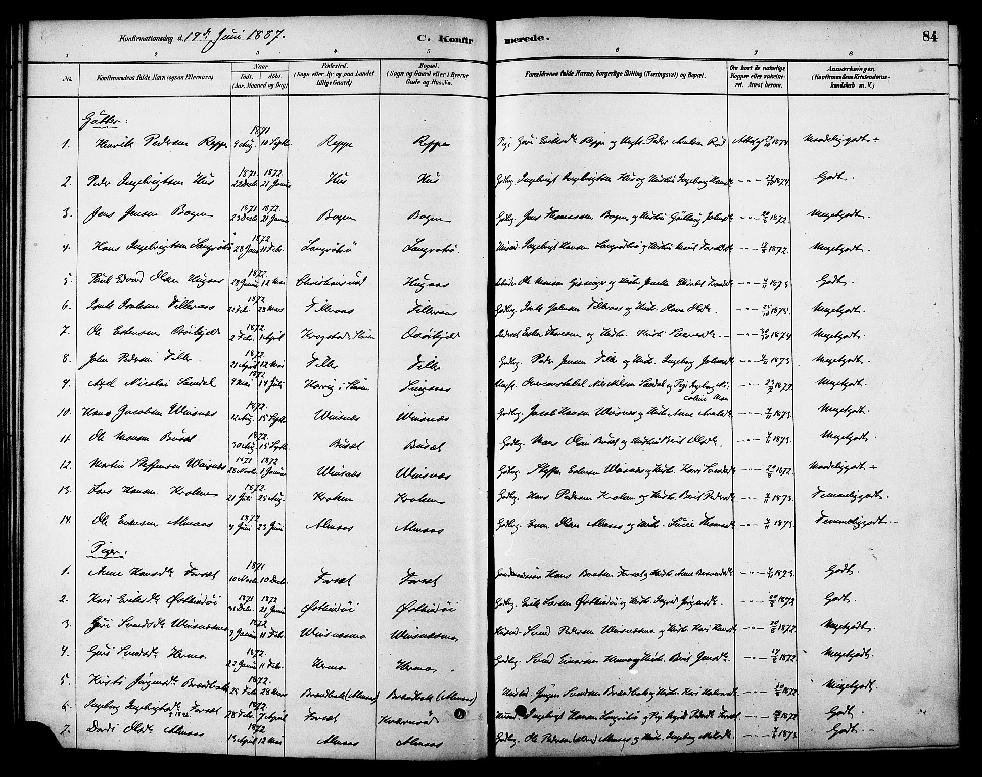 Ministerialprotokoller, klokkerbøker og fødselsregistre - Sør-Trøndelag, SAT/A-1456/688/L1024: Parish register (official) no. 688A01, 1879-1890, p. 84