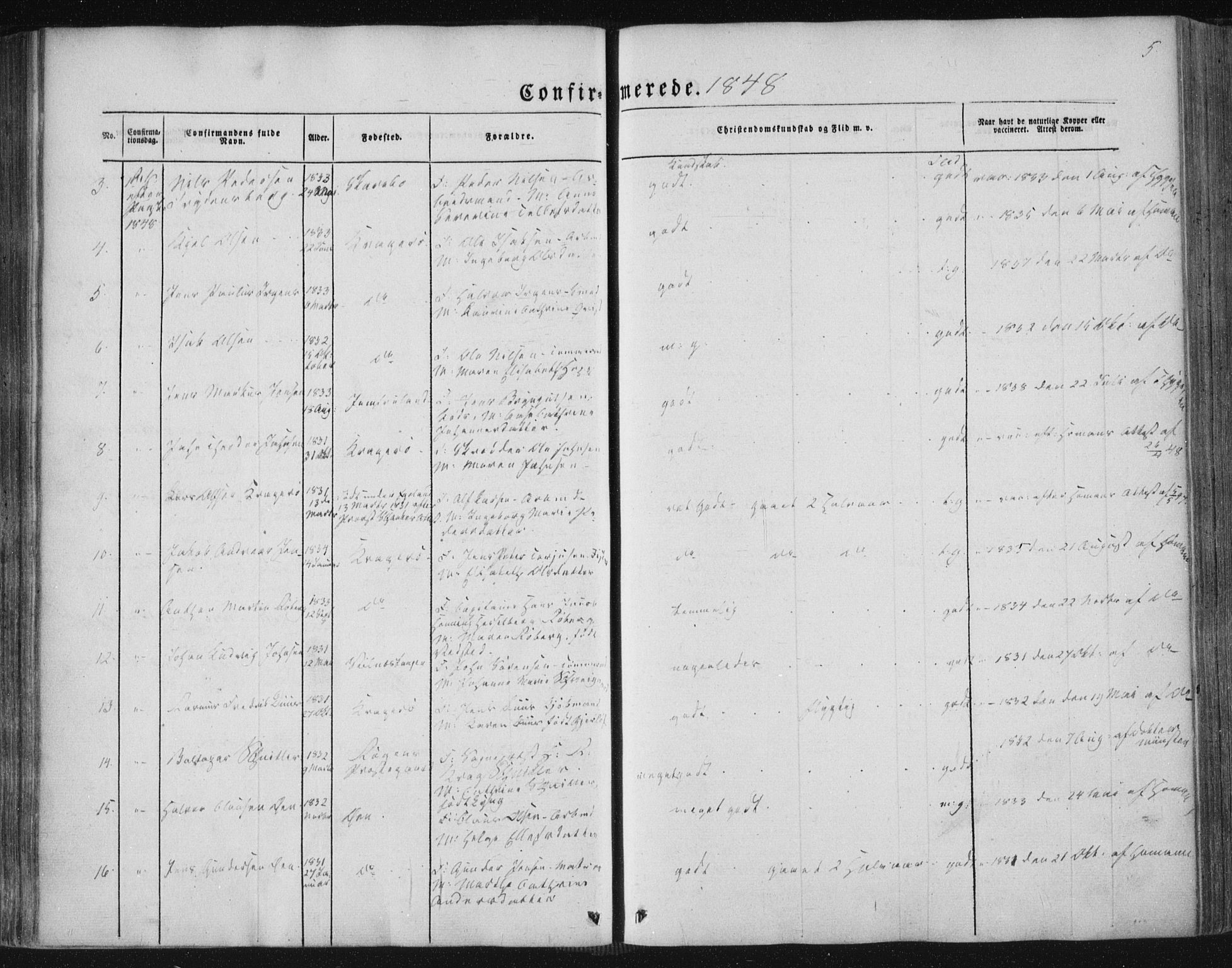 Kragerø kirkebøker, SAKO/A-278/F/Fa/L0006: Parish register (official) no. 6, 1847-1861, p. 5