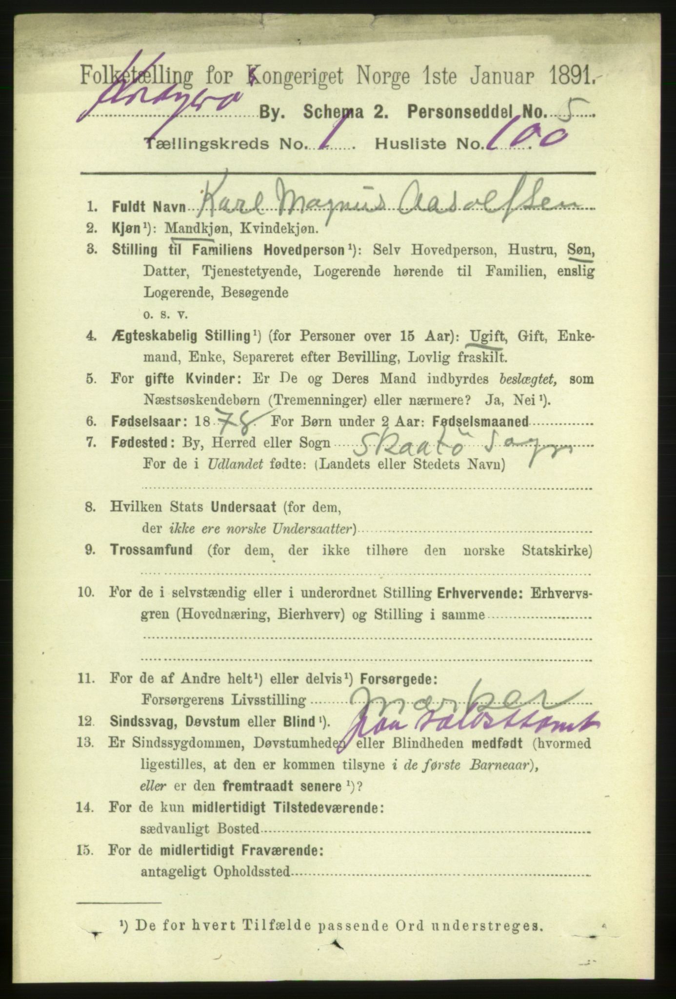 RA, 1891 census for 0801 Kragerø, 1891, p. 2498