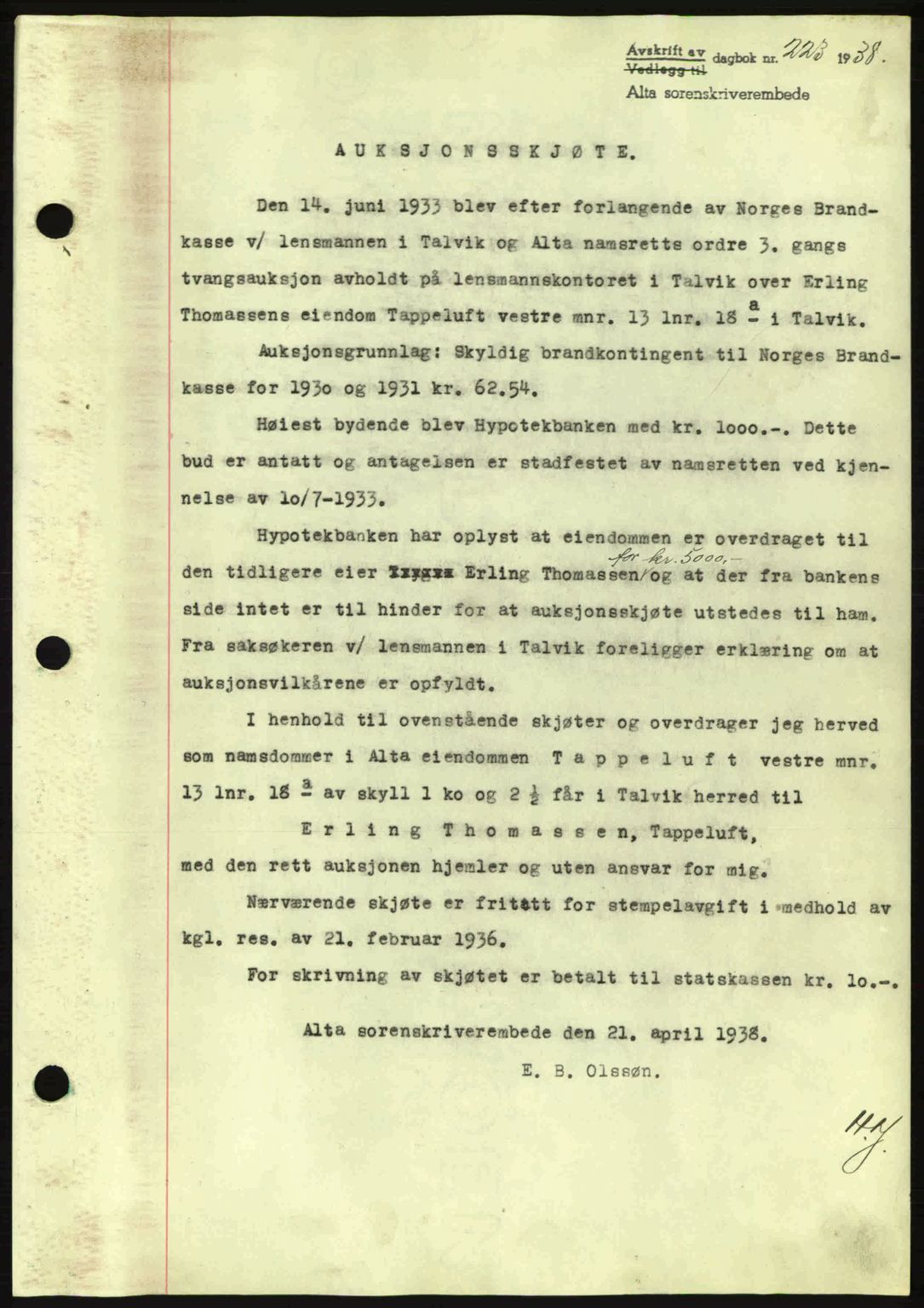 Alta fogderi/sorenskriveri, SATØ/SATØ-5/1/K/Kd/L0031pantebok: Mortgage book no. 31, 1938-1939, Diary no: : 223/1938