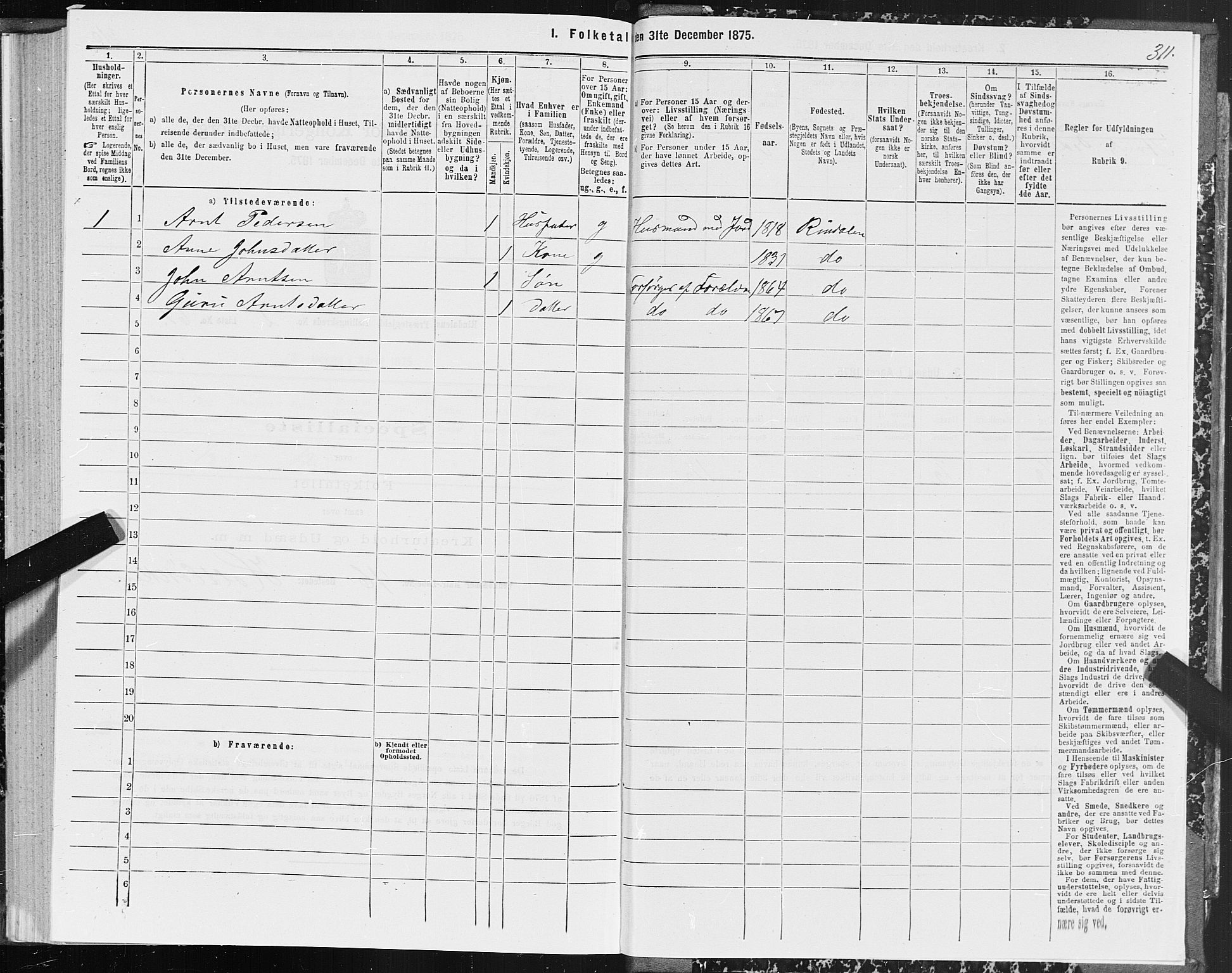 SAT, 1875 census for 1567P Rindal, 1875, p. 1311