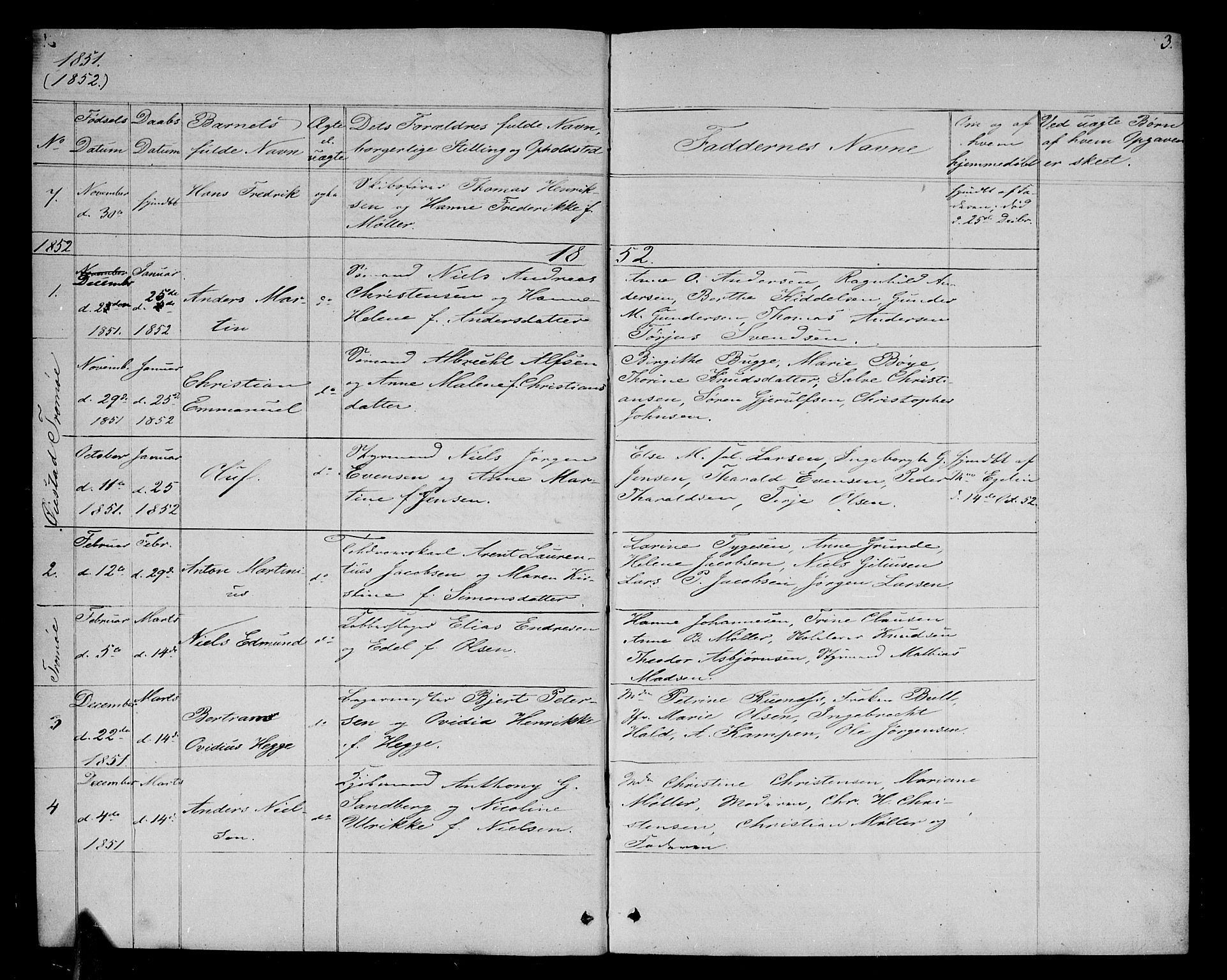 Arendal sokneprestkontor, Trefoldighet, SAK/1111-0040/F/Fb/L0003: Parish register (copy) no. B 3, 1851-1860, p. 3