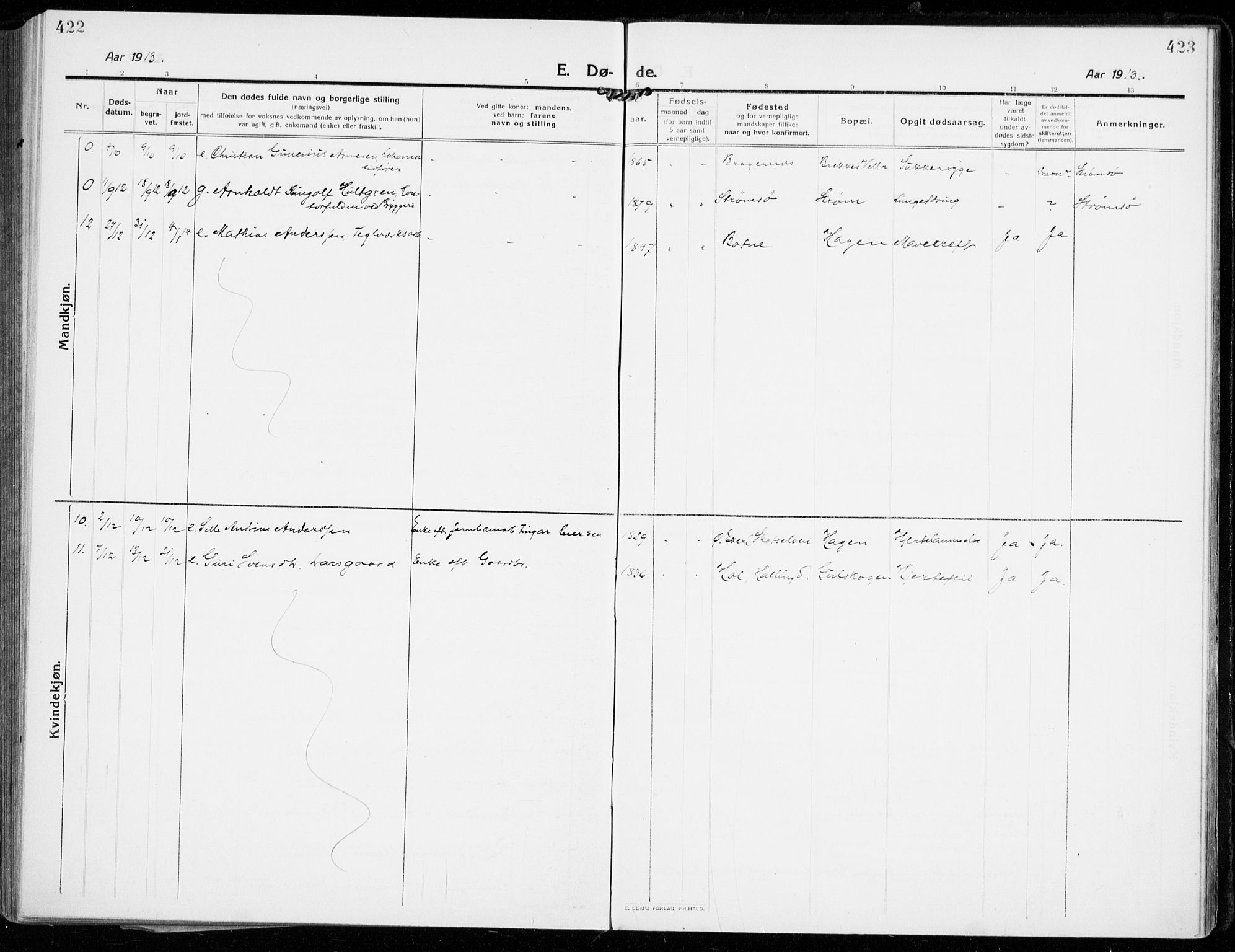 Strømsgodset kirkebøker, AV/SAKO-A-324/F/Fa/L0002: Parish register (official) no. 2, 1910-1920, p. 422-423