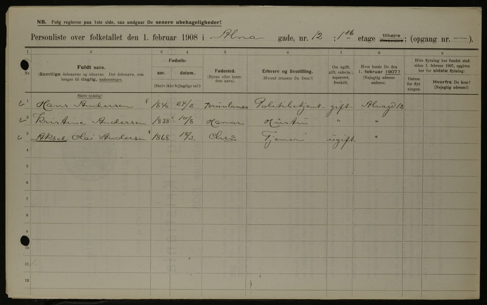 OBA, Municipal Census 1908 for Kristiania, 1908, p. 1420