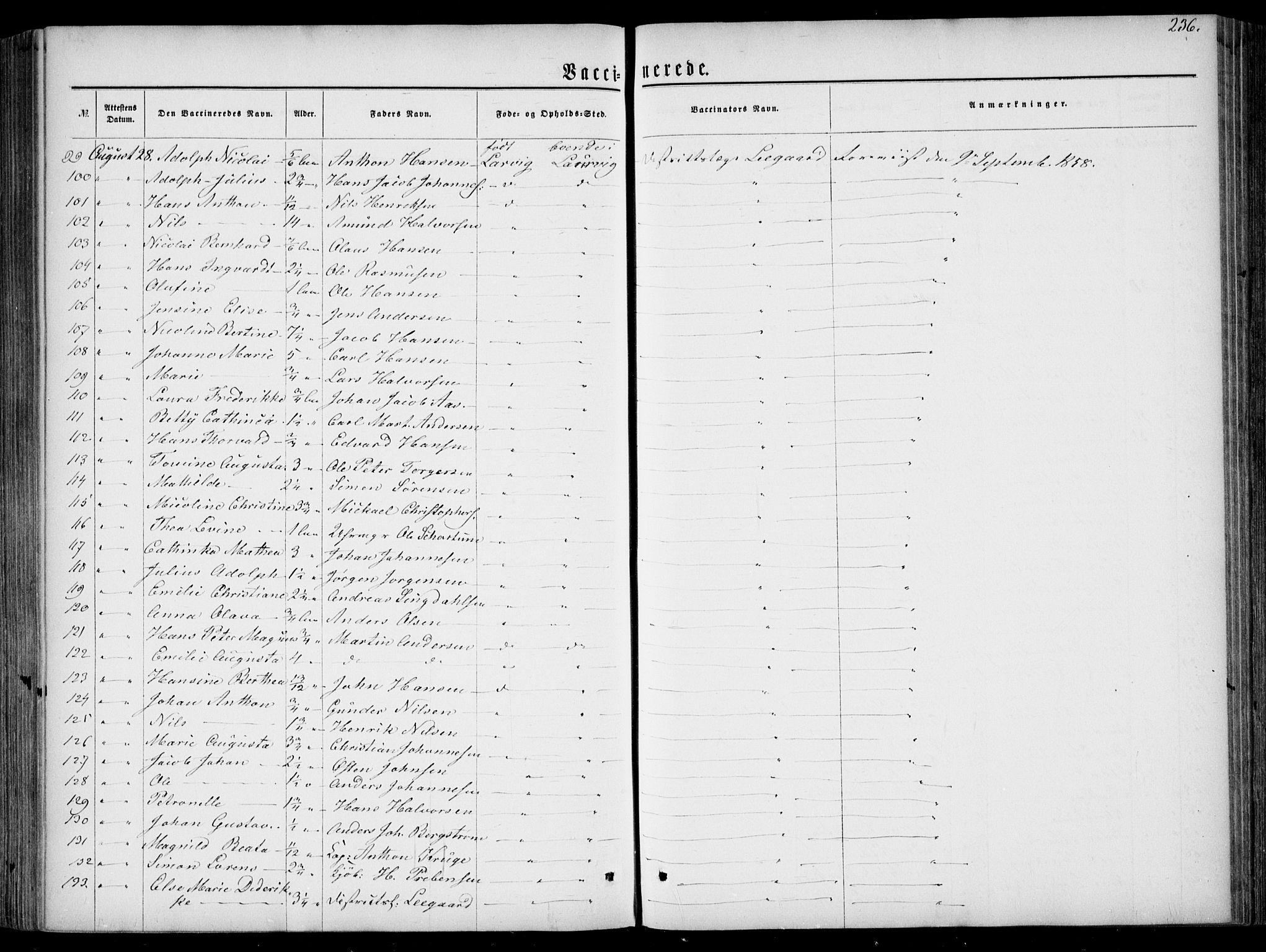 Larvik kirkebøker, AV/SAKO-A-352/F/Fa/L0005: Parish register (official) no. I 5, 1856-1870, p. 236