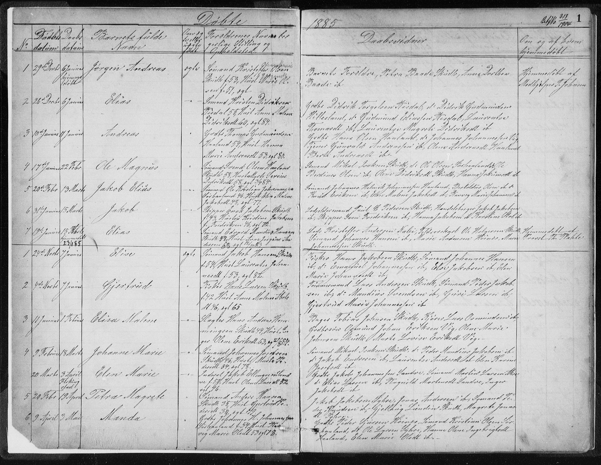 Skudenes sokneprestkontor, SAST/A -101849/H/Ha/Hab/L0007: Parish register (copy) no. B 7, 1885-1899, p. 1
