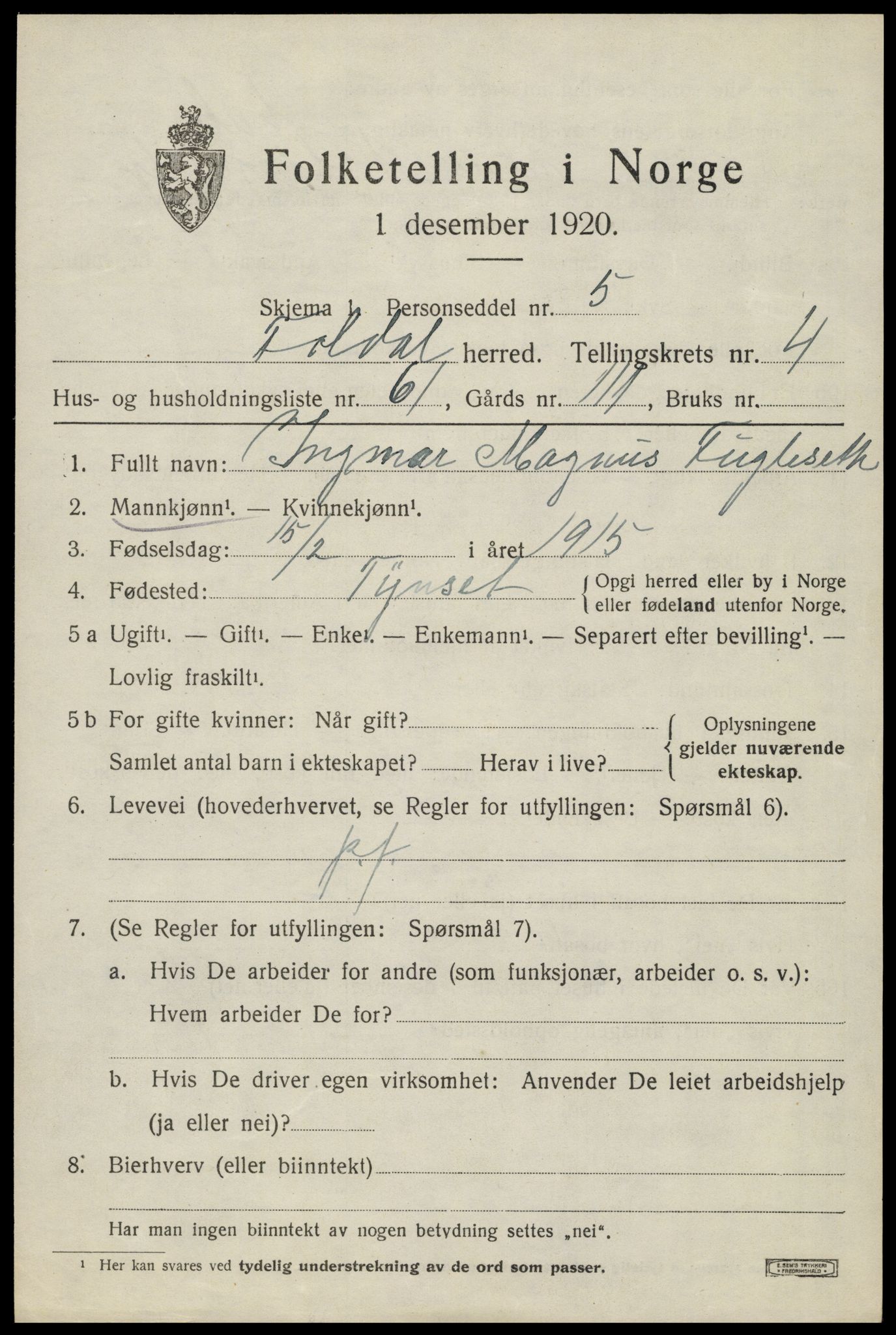 SAH, 1920 census for Folldal, 1920, p. 2981