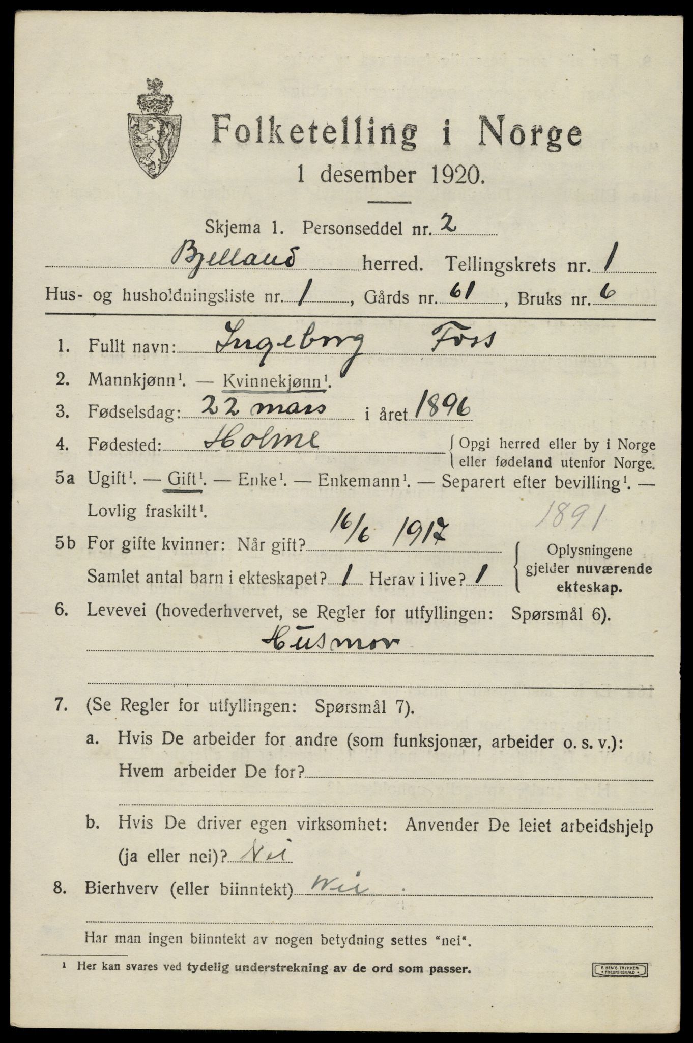 SAK, 1920 census for Bjelland, 1920, p. 419