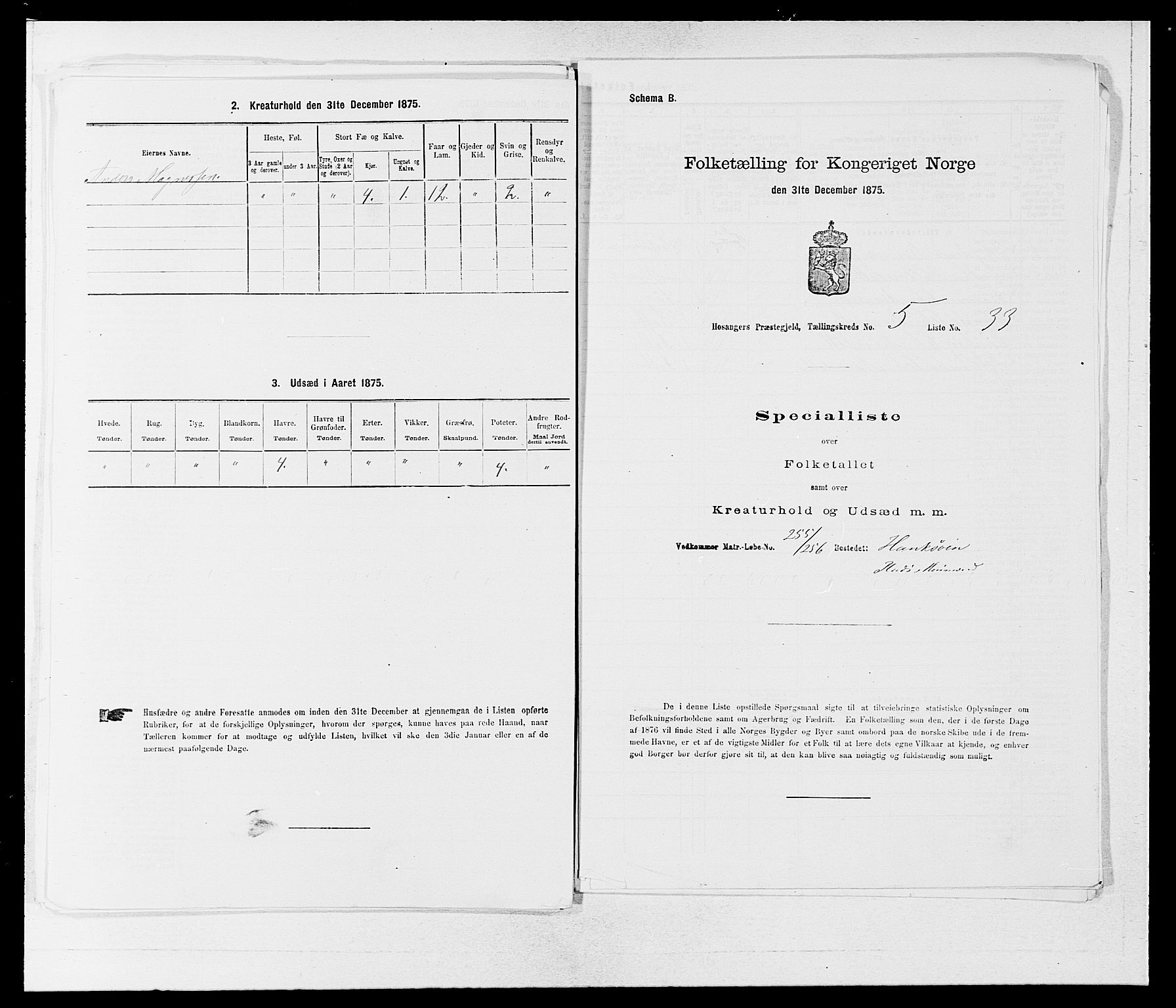 SAB, 1875 census for 1253P Hosanger, 1875, p. 491