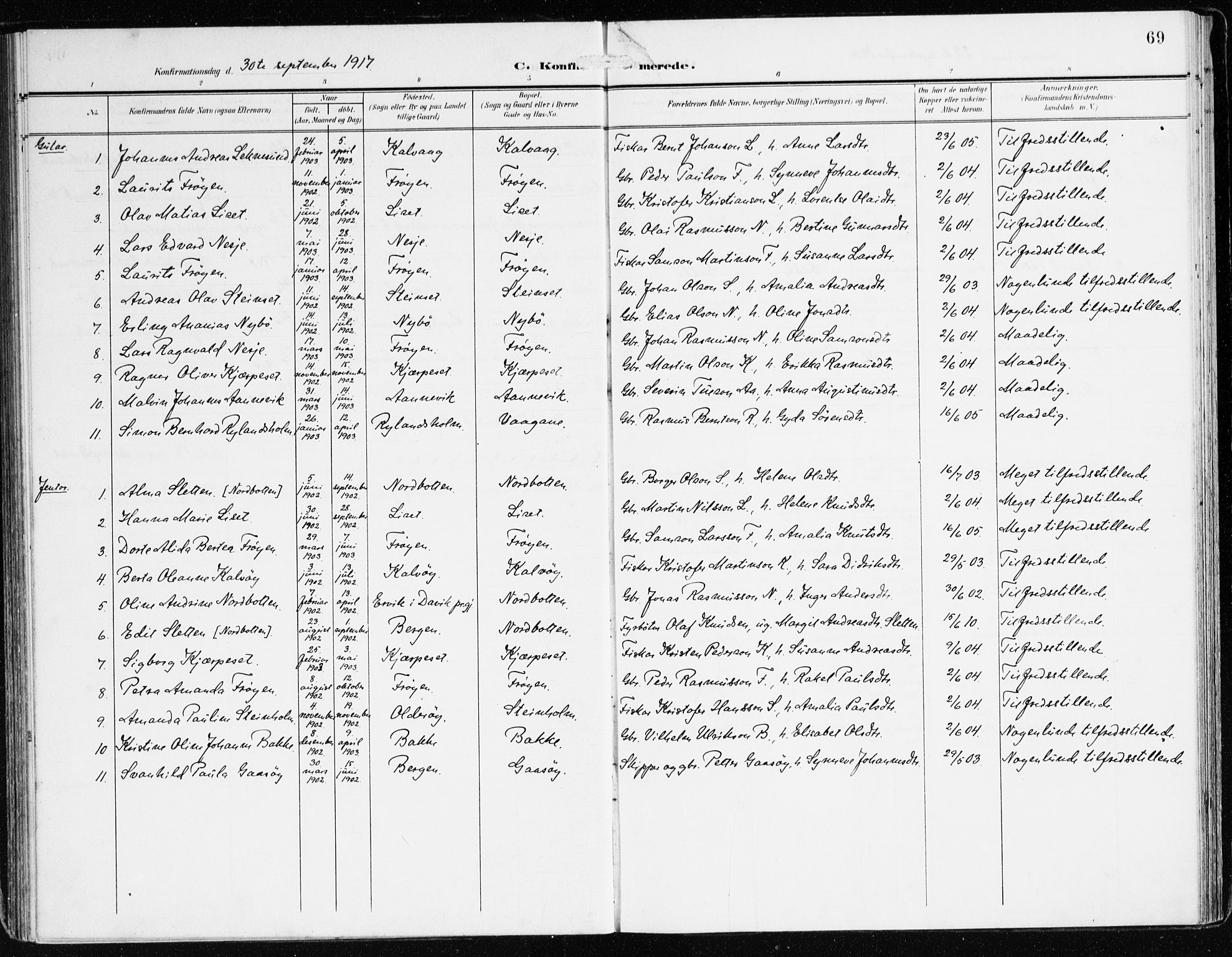 Bremanger sokneprestembete, AV/SAB-A-82201/H/Haa/Haab/L0003: Parish register (official) no. B 3, 1908-1925, p. 69