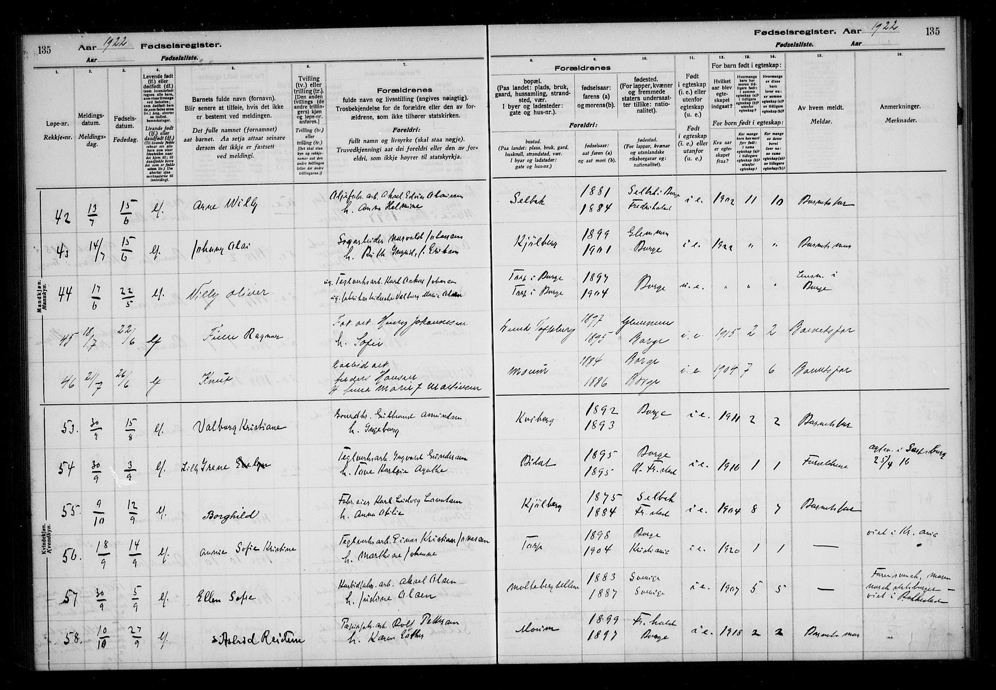 Borge prestekontor Kirkebøker, AV/SAO-A-10903/J/Ja/L0001: Birth register no. I 1, 1916-1925, p. 135