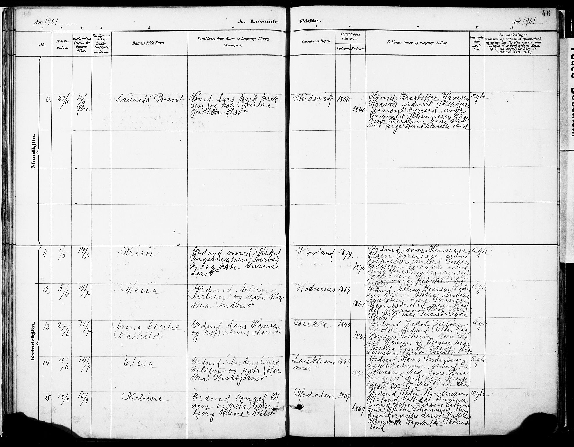 Tysnes sokneprestembete, AV/SAB-A-78601/H/Haa: Parish register (official) no. C 1, 1887-1912, p. 46