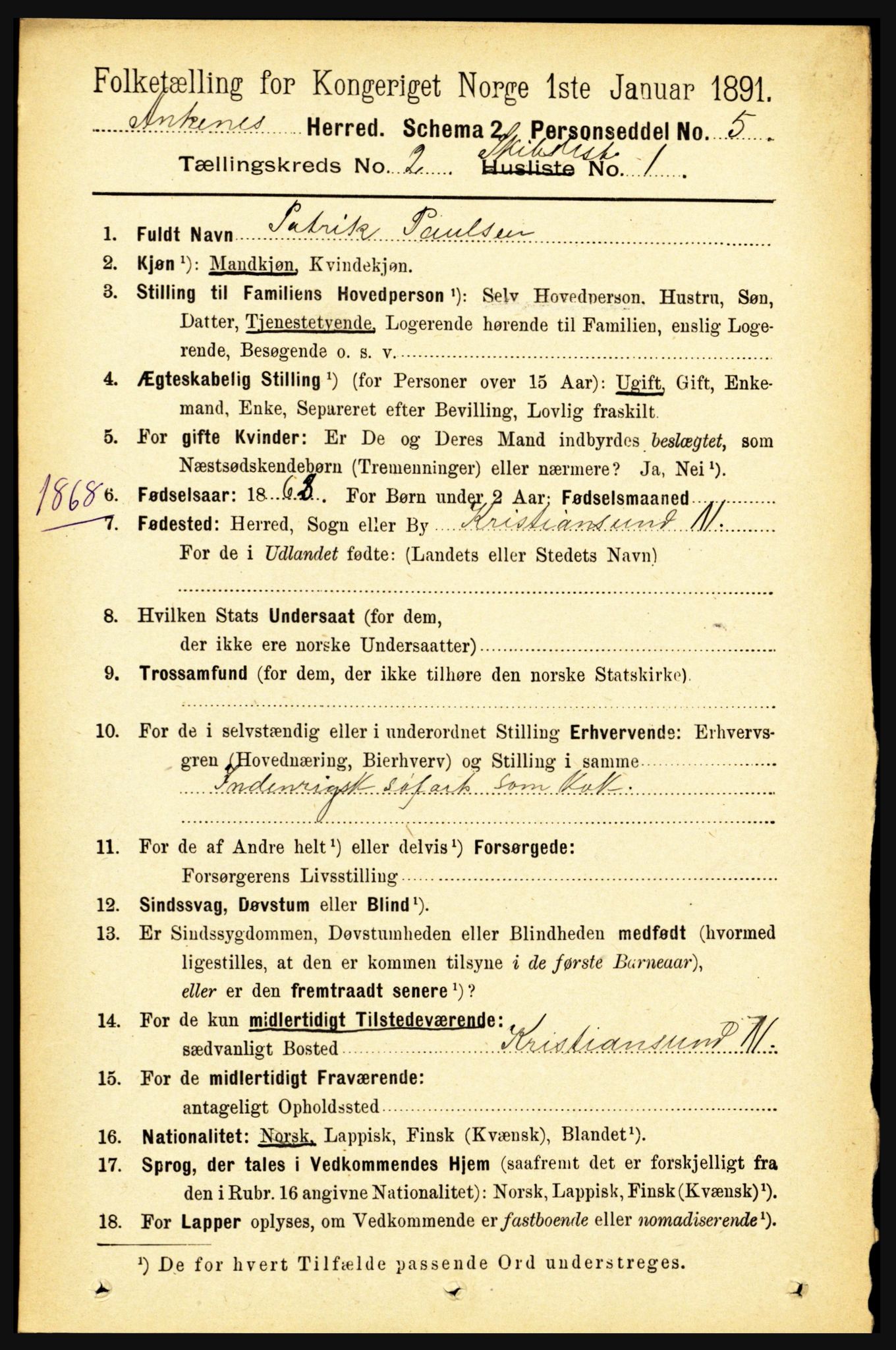 RA, 1891 census for 1855 Ankenes, 1891, p. 1403